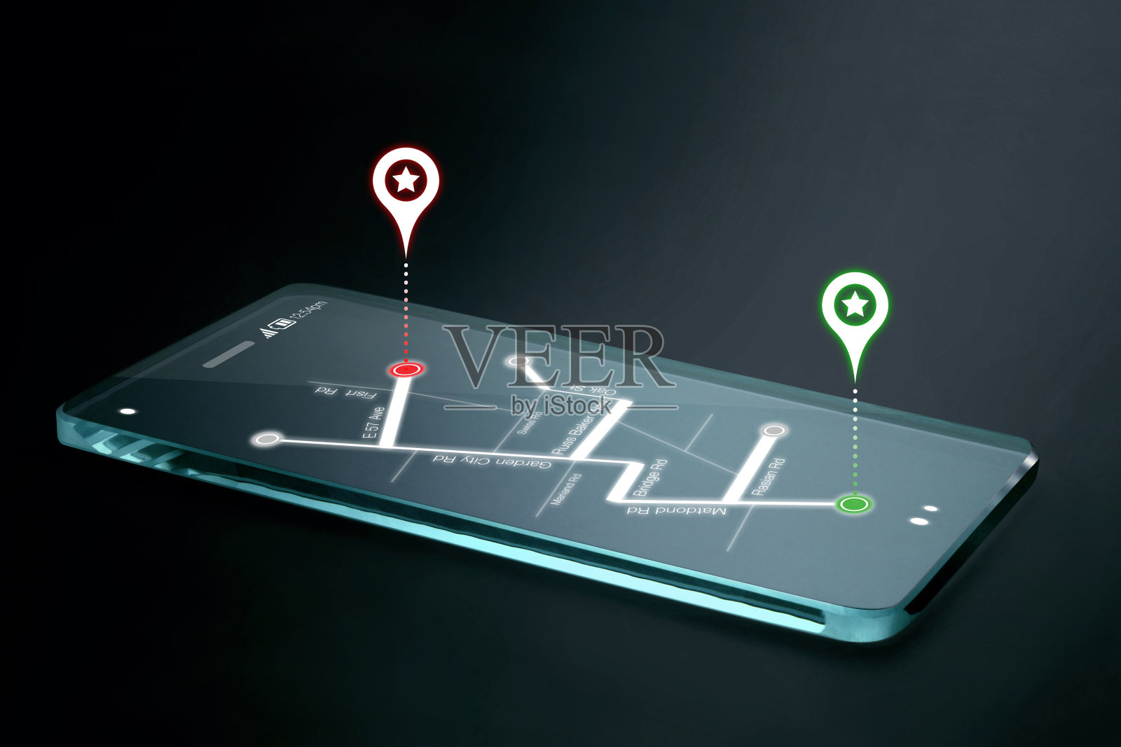透明的智能手机屏幕上的地图和导航图标照片摄影图片