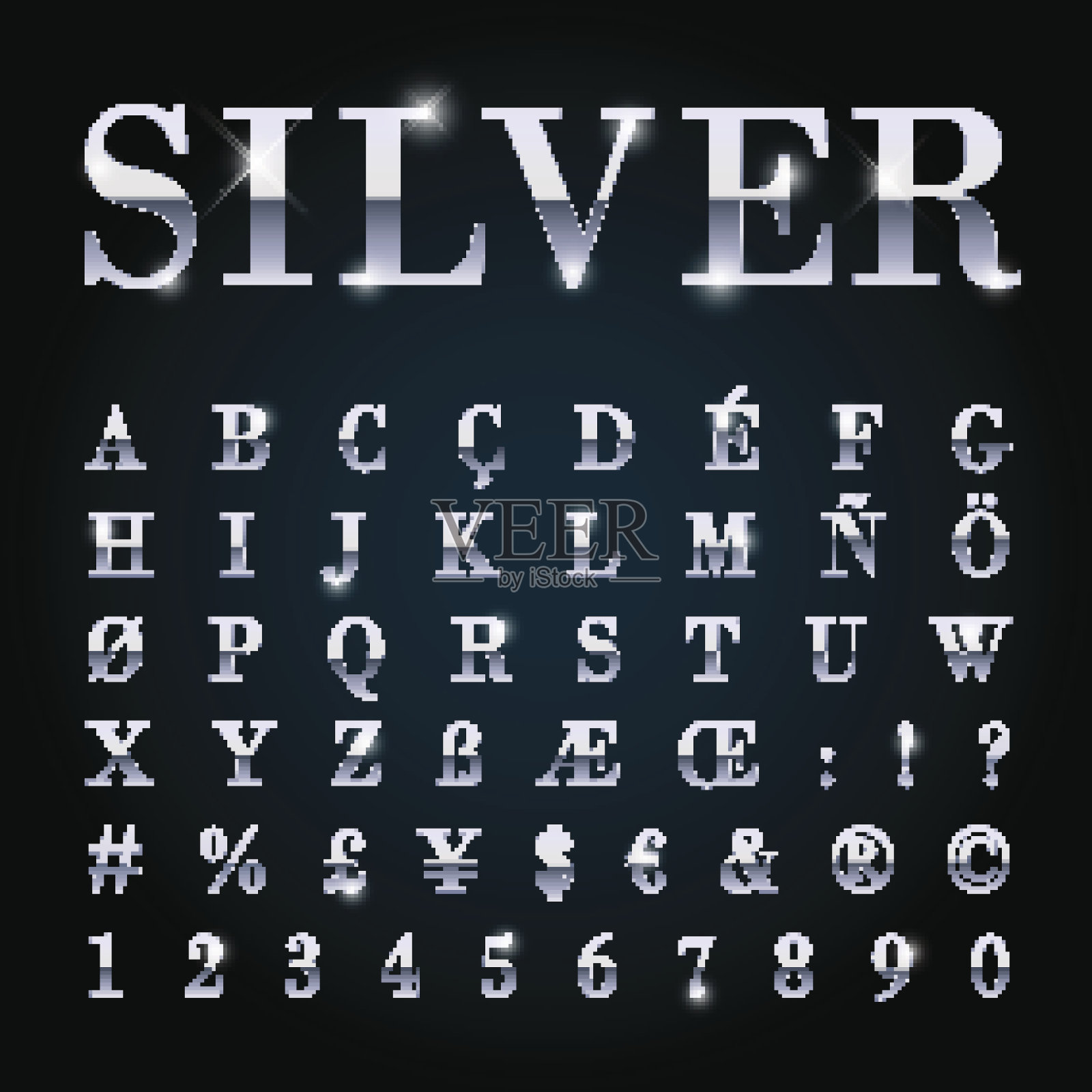银金属字体集字母，数字，货币符号。设计元素图片