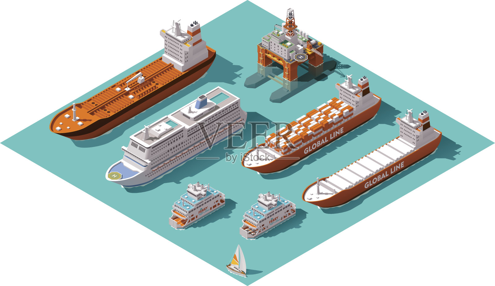 矢量等距船和石油钻塔插画图片素材