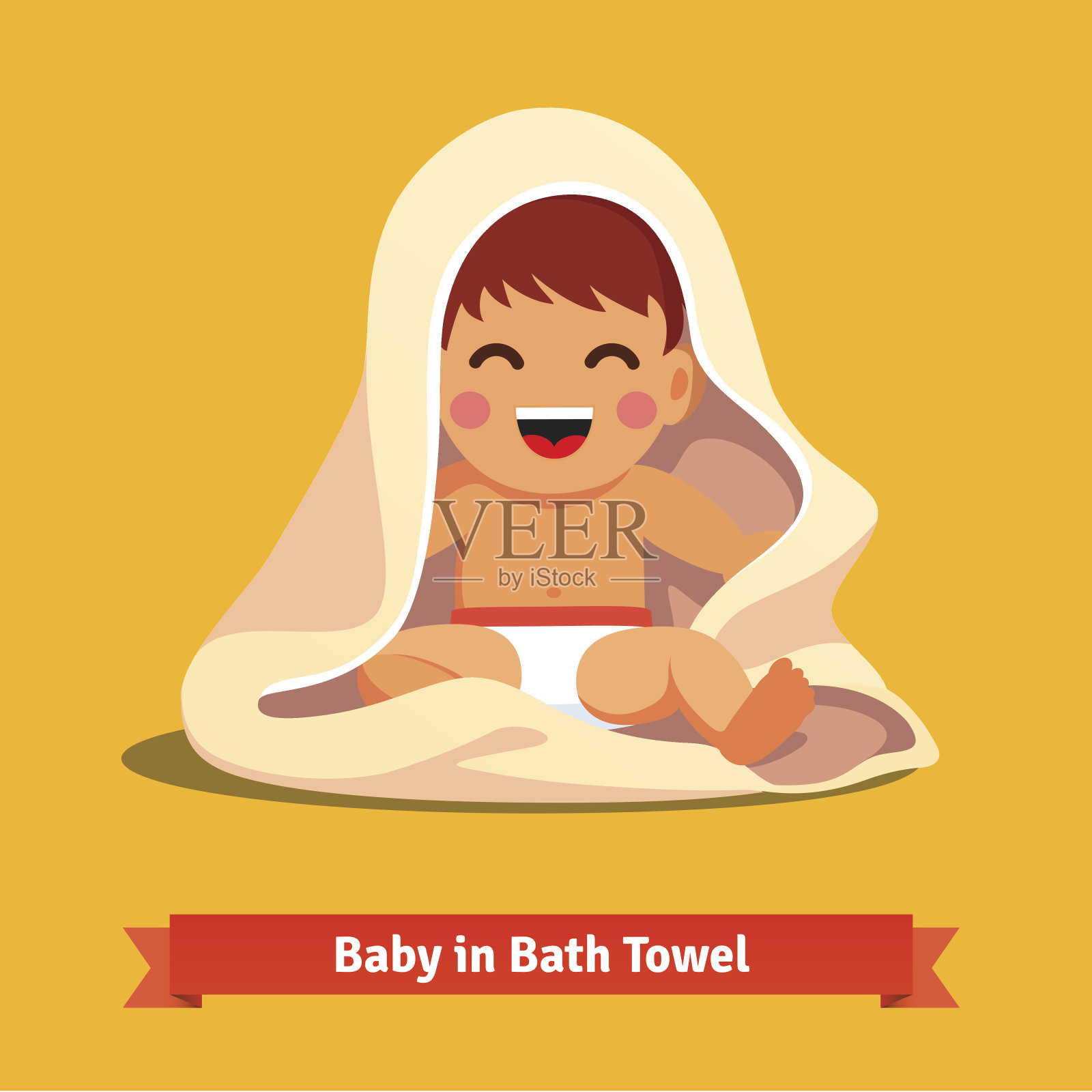 快乐的小男孩裹在浴巾里插画图片素材