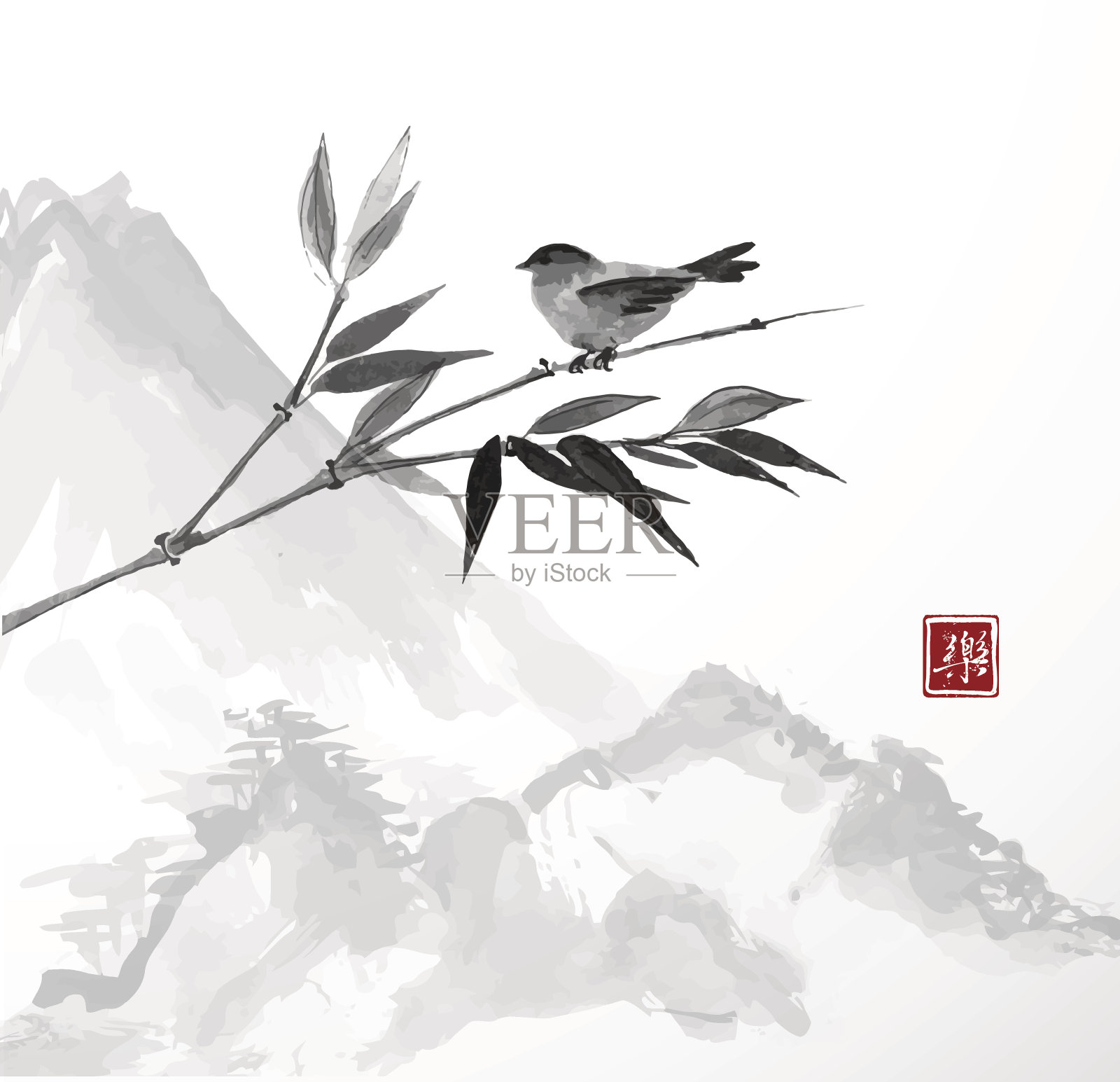 鸟，竹，枝，山插画图片素材