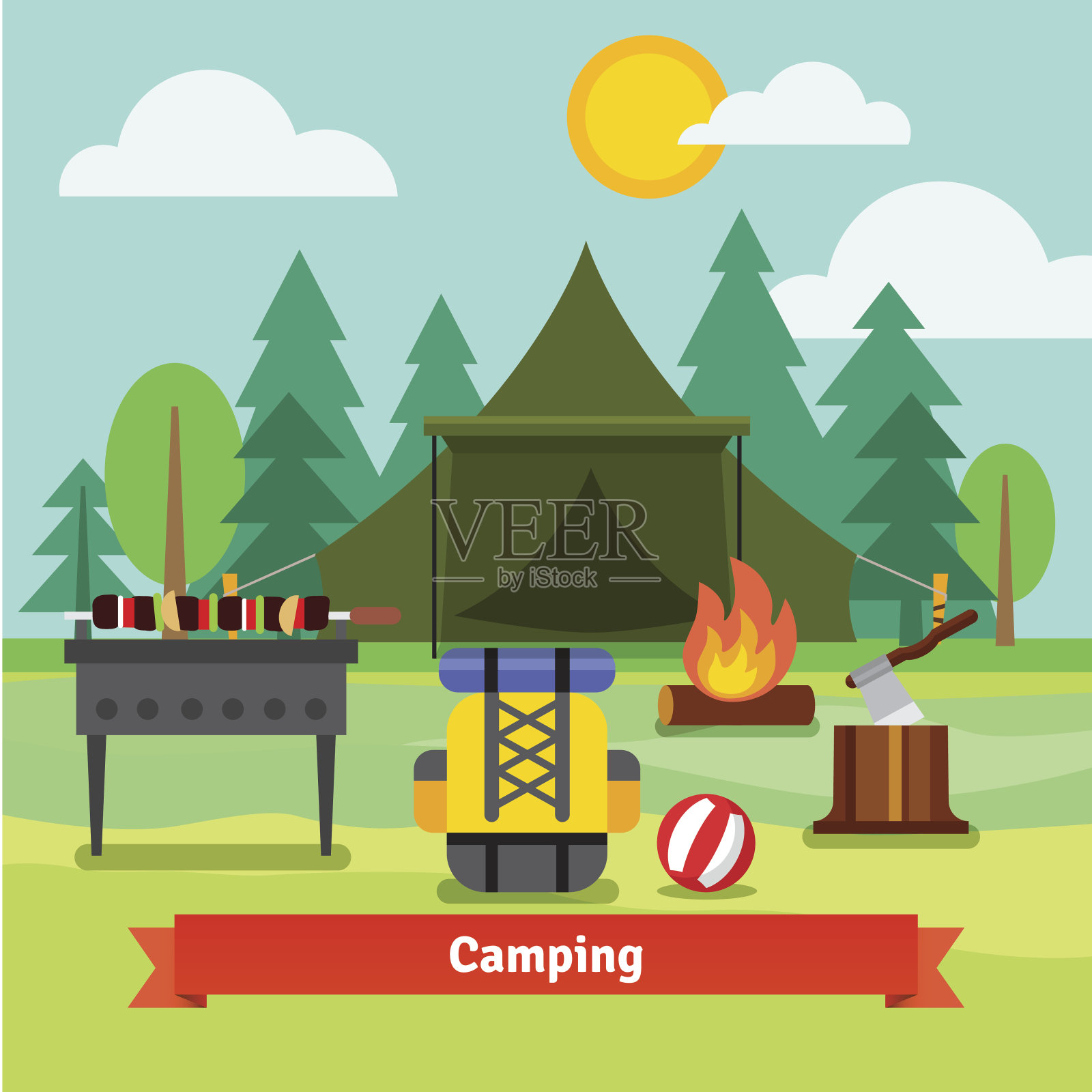 在森林里搭帐篷露营插画图片素材