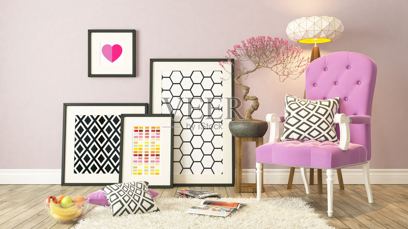 黑色画框装饰与粉色bergere，背景插画图片素材
