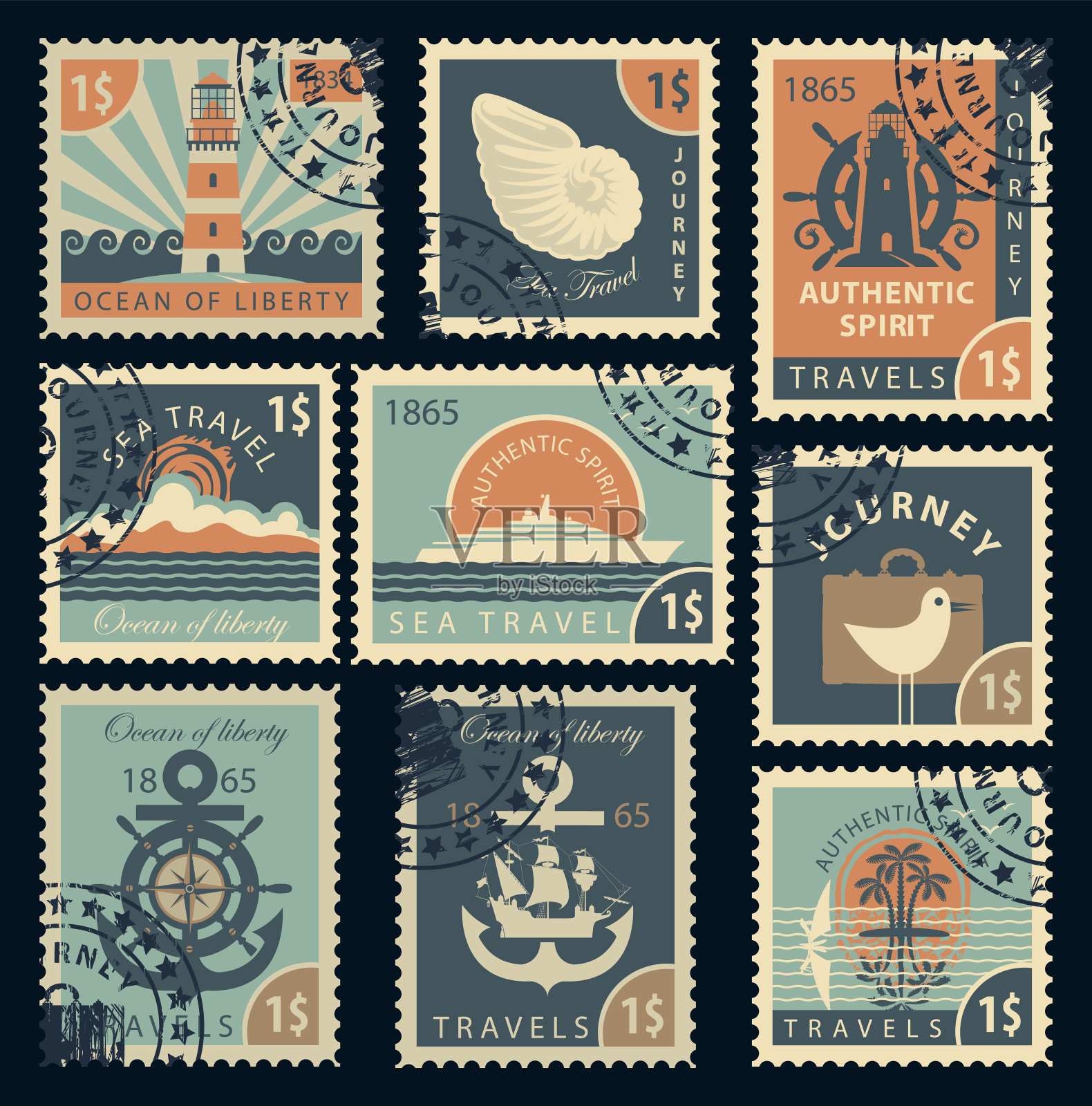 以海上旅行为主题的邮票设计元素图片