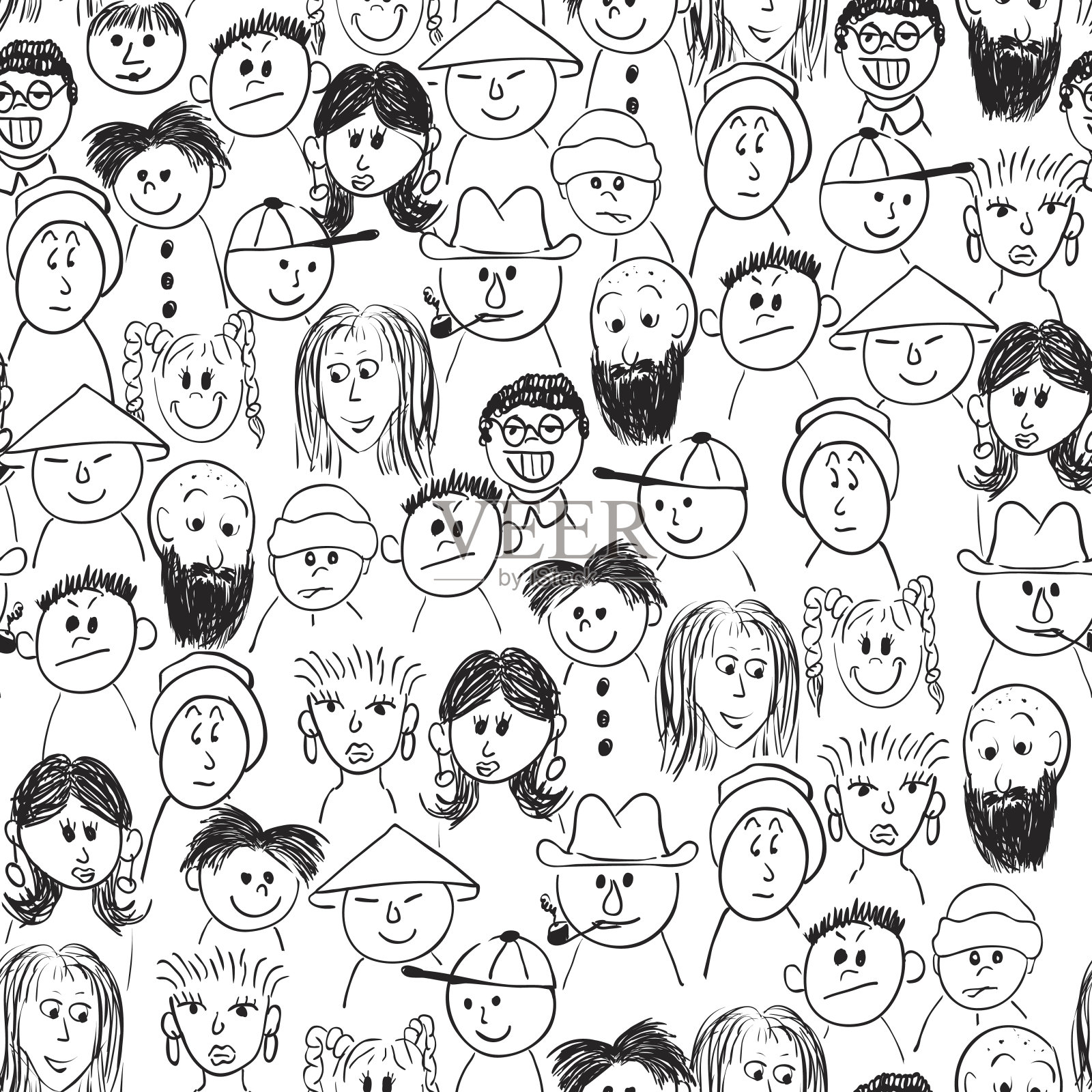 矢量无缝手绘模式人群的人插画图片素材