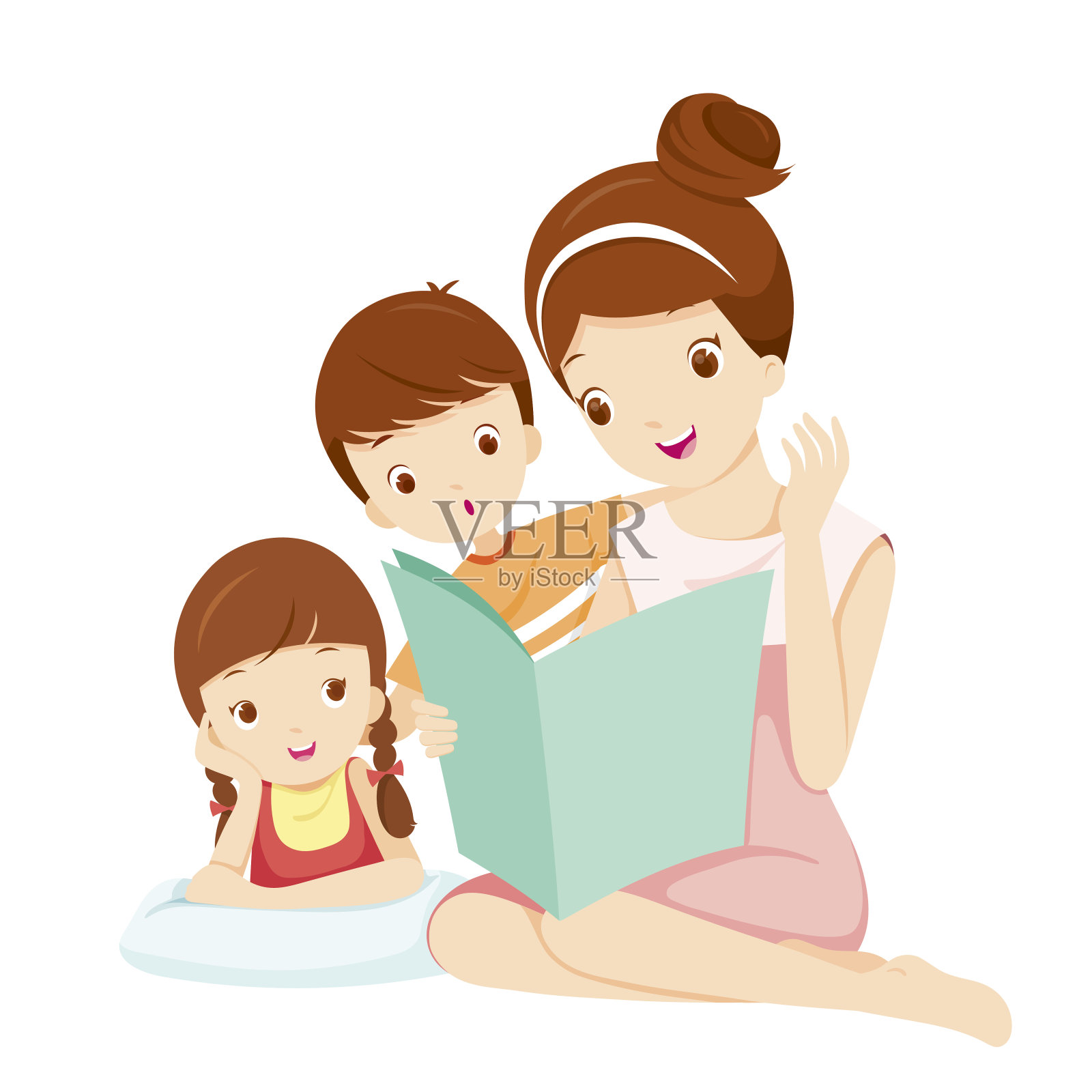 妈妈给女儿和儿子读故事书插画图片素材