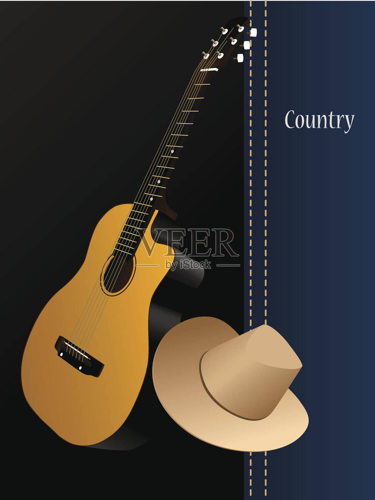 古典原声吉他，牛仔帽乡村背景。音乐的乐器。插画图片素材