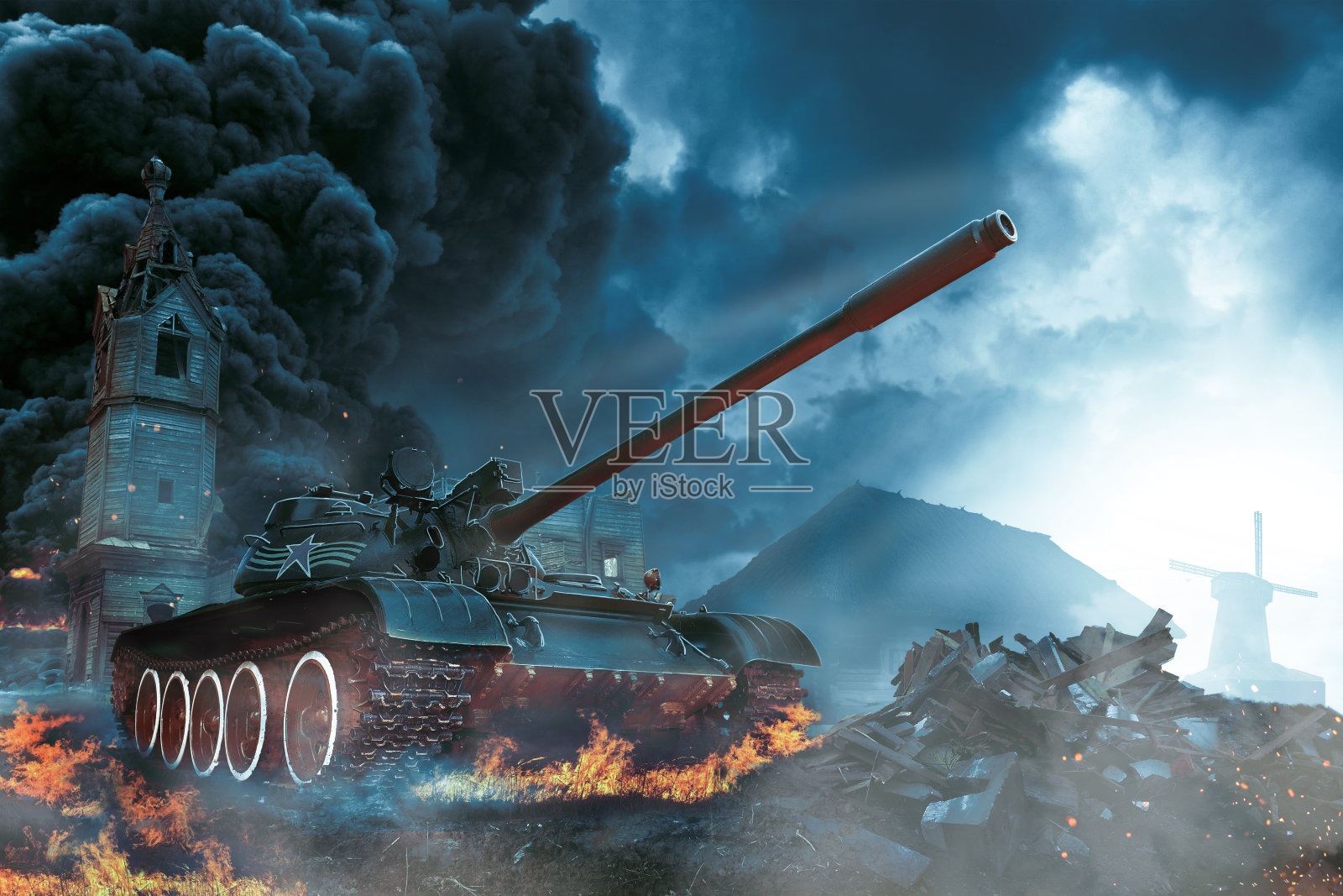 坦克进入冲突区域。农村地区的作战行动插画图片素材