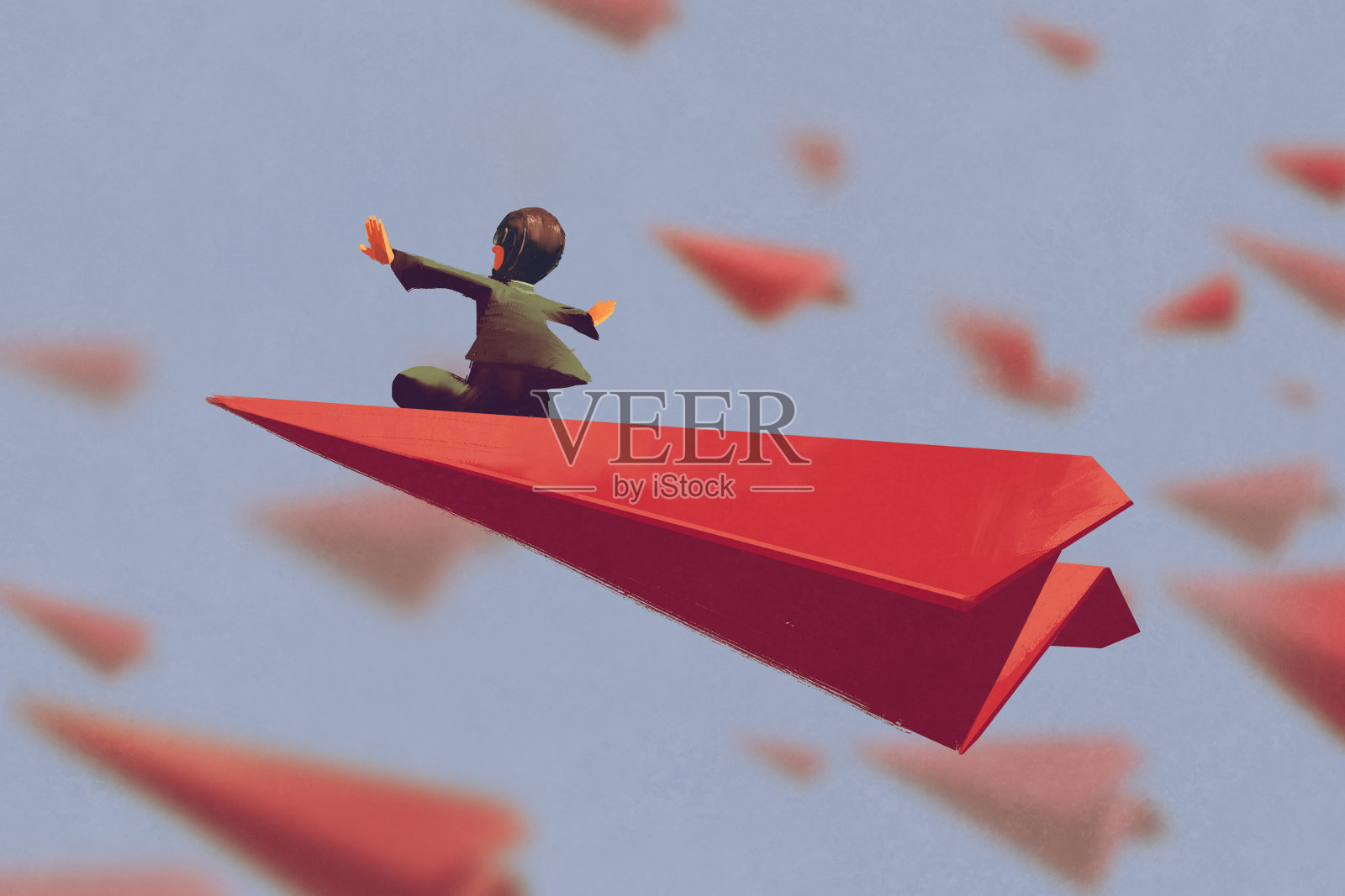 坐在红色飞机纸上的人在天空中插画图片素材