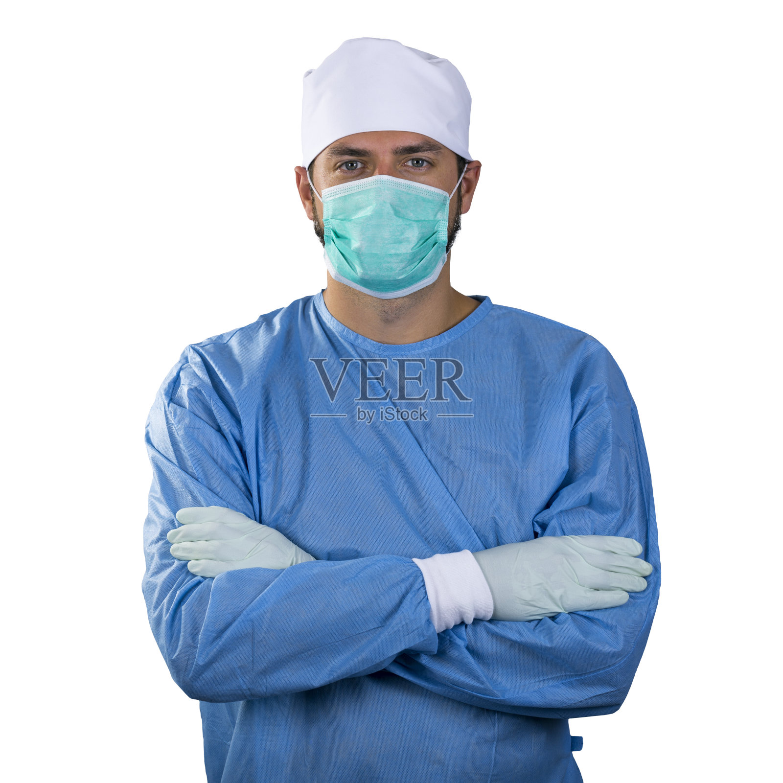 外科医生在白色背景下戴口罩照片摄影图片