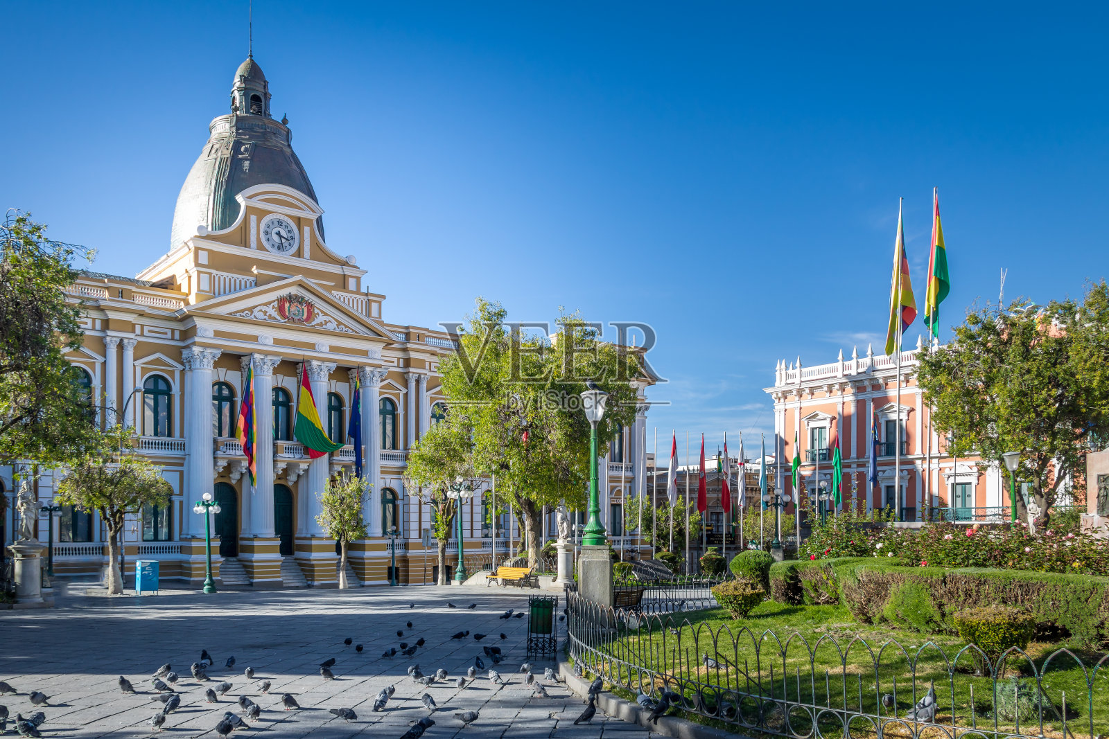 穆里略广场和玻利维亚政府宫殿-拉巴斯，玻利维亚照片摄影图片