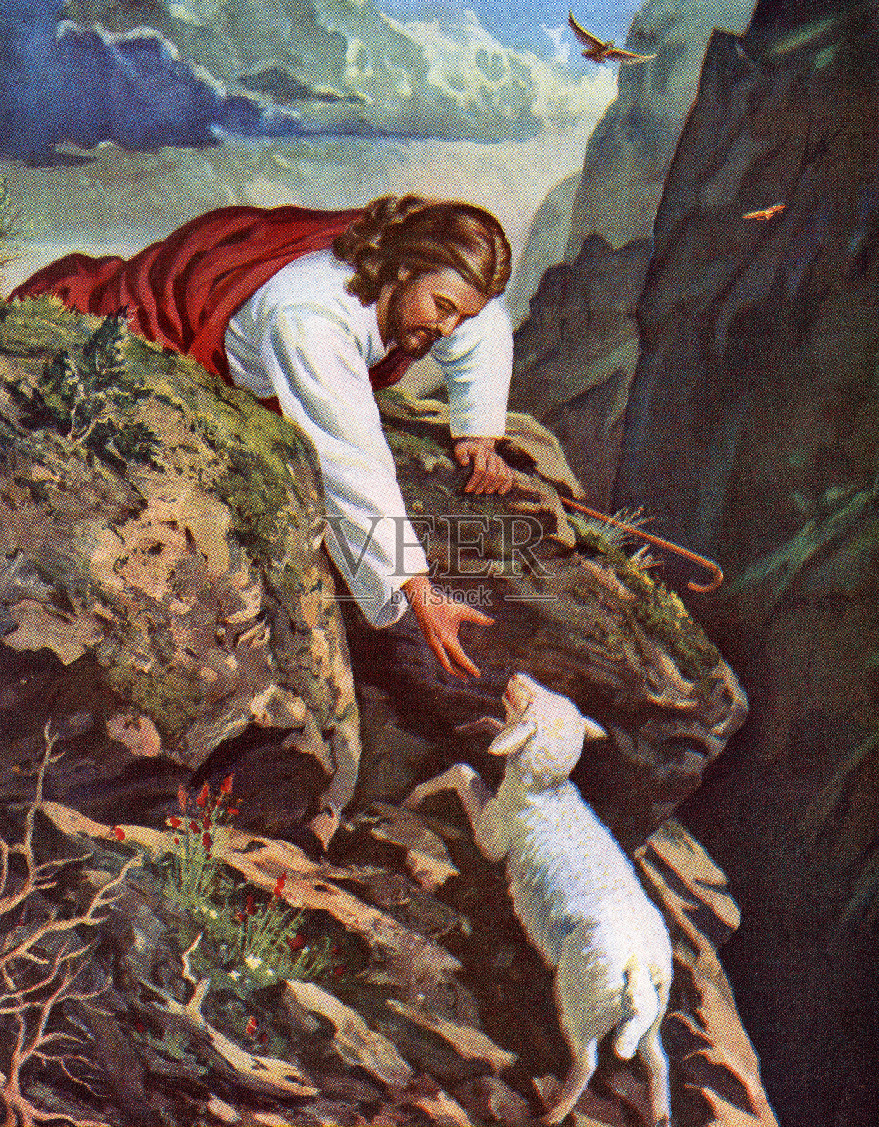 耶稣伸手去抓迷途的羊插画图片素材