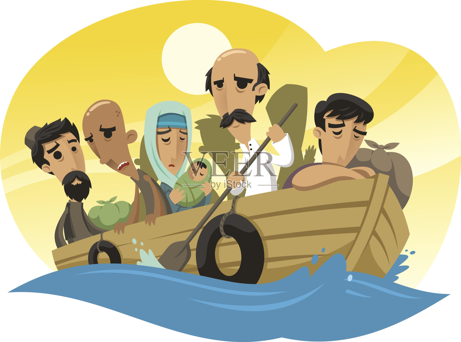 乘木筏航行的难民插画图片素材