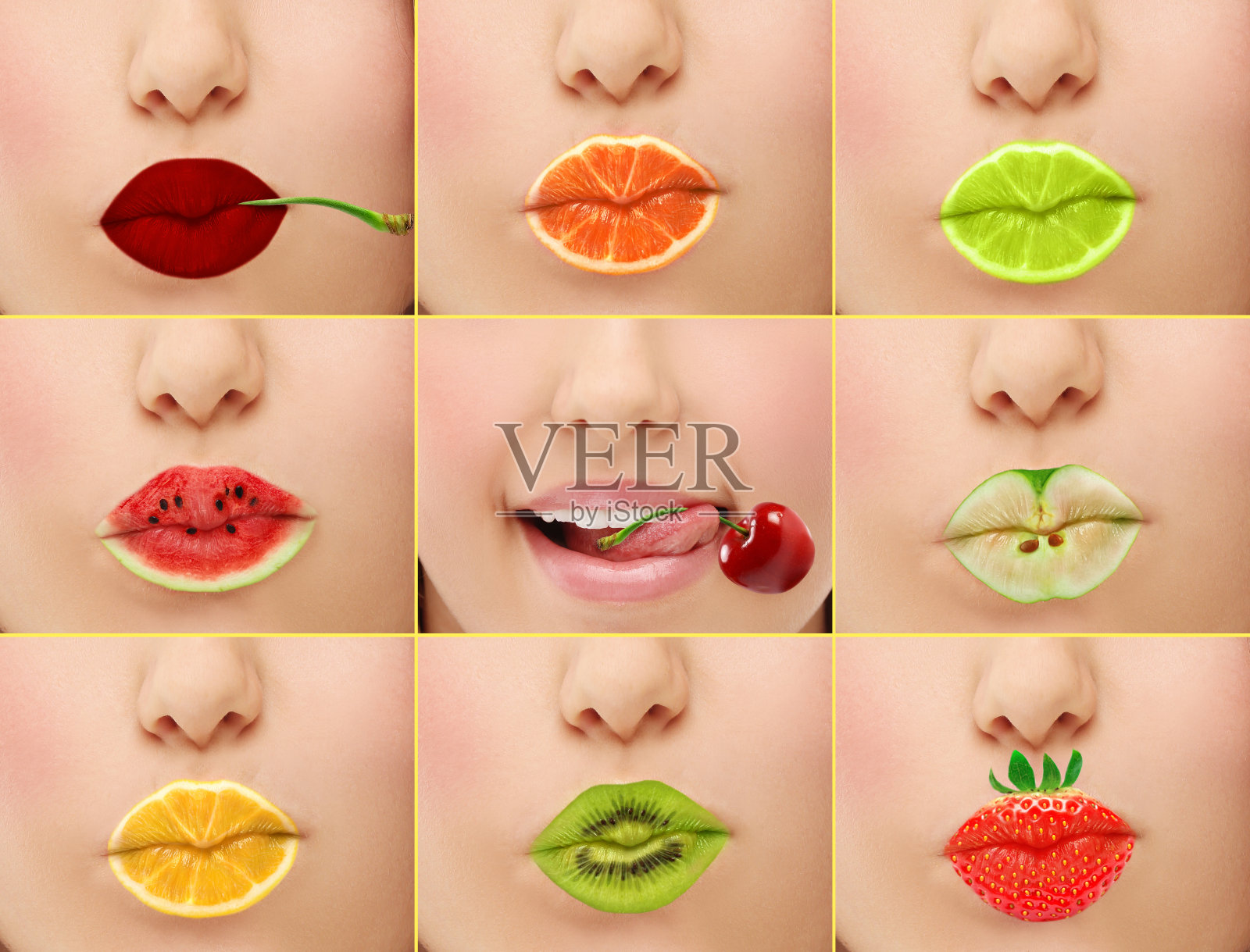 女人的嘴唇涂着水果色的唇彩。照片摄影图片