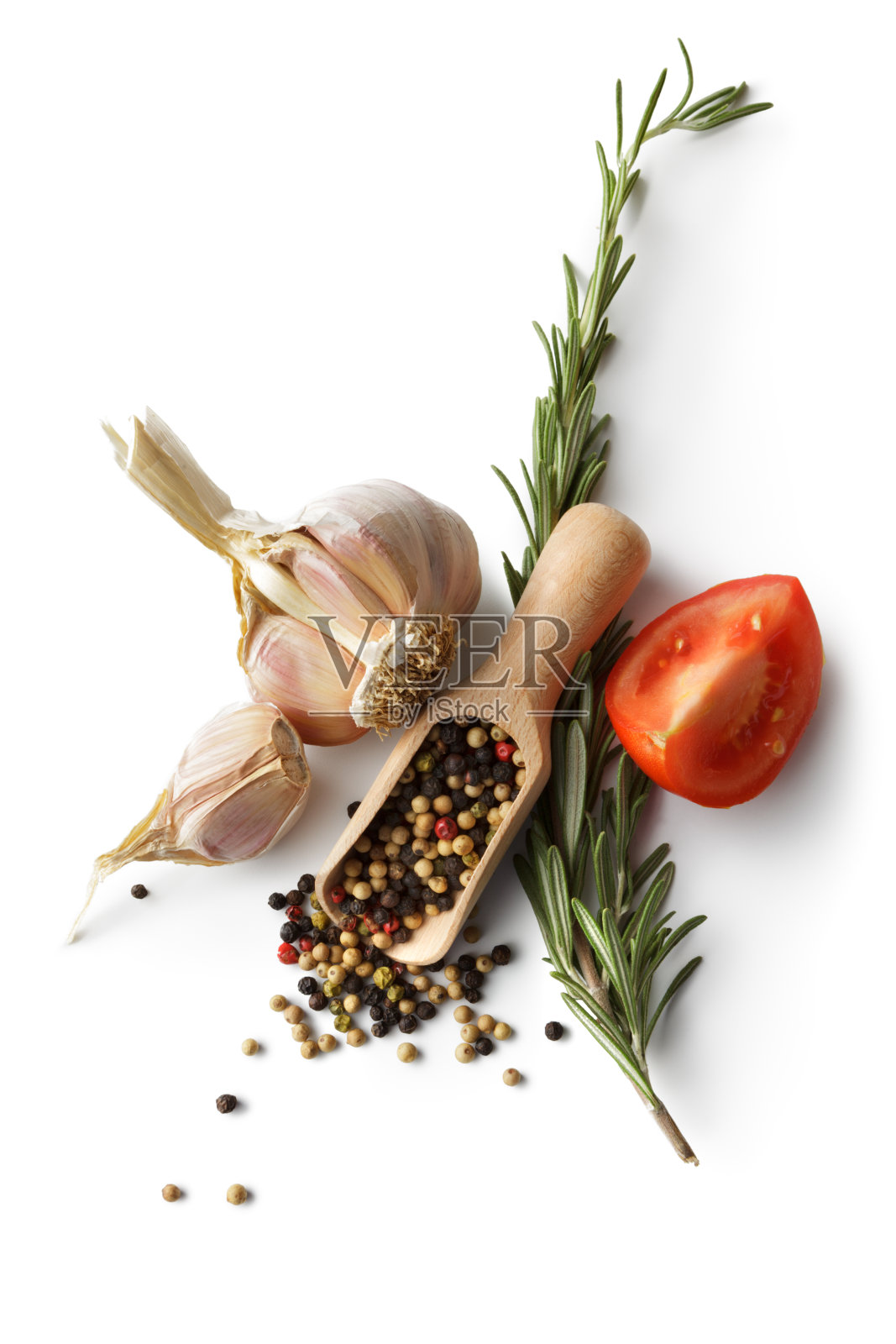 配料:大蒜，胡椒，迷迭香，番茄照片摄影图片