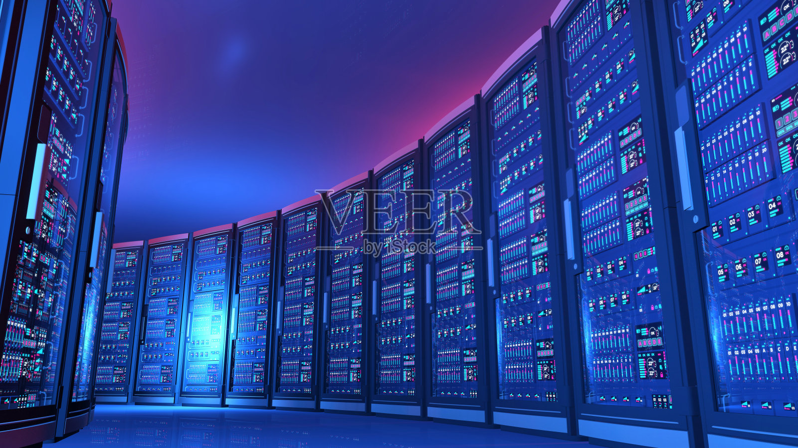 未来的数据中心，一排排的服务器，蓝色的灯光照片摄影图片