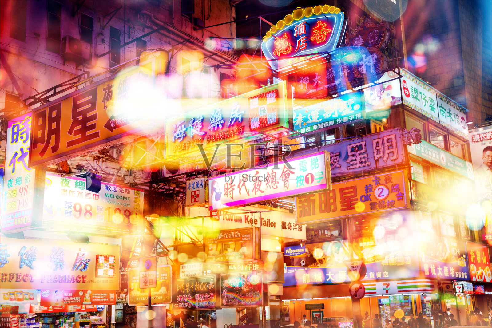 香港的夜景，抽象的散焦灯光照片摄影图片