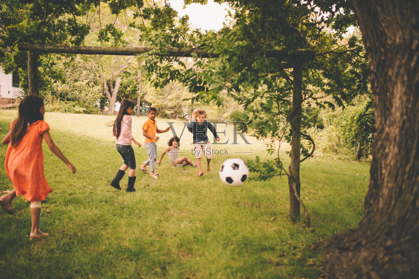 男孩和女孩在郁郁葱葱的绿色公园里踢足球照片摄影图片