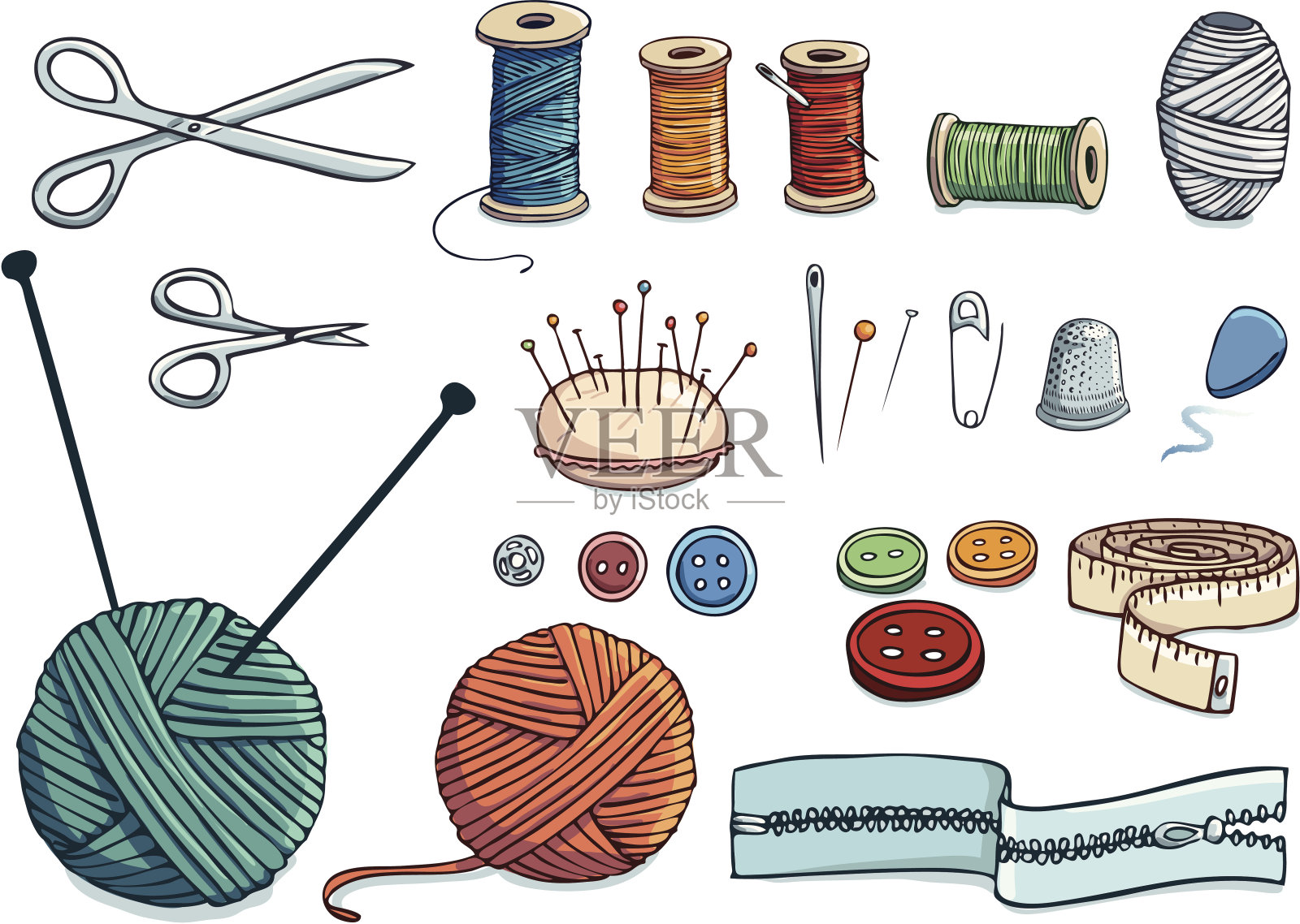 缝纫手绘图标集插画图片素材