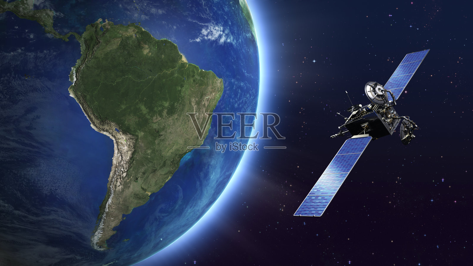 南美洲。绕地球运行的通信卫星。照片摄影图片