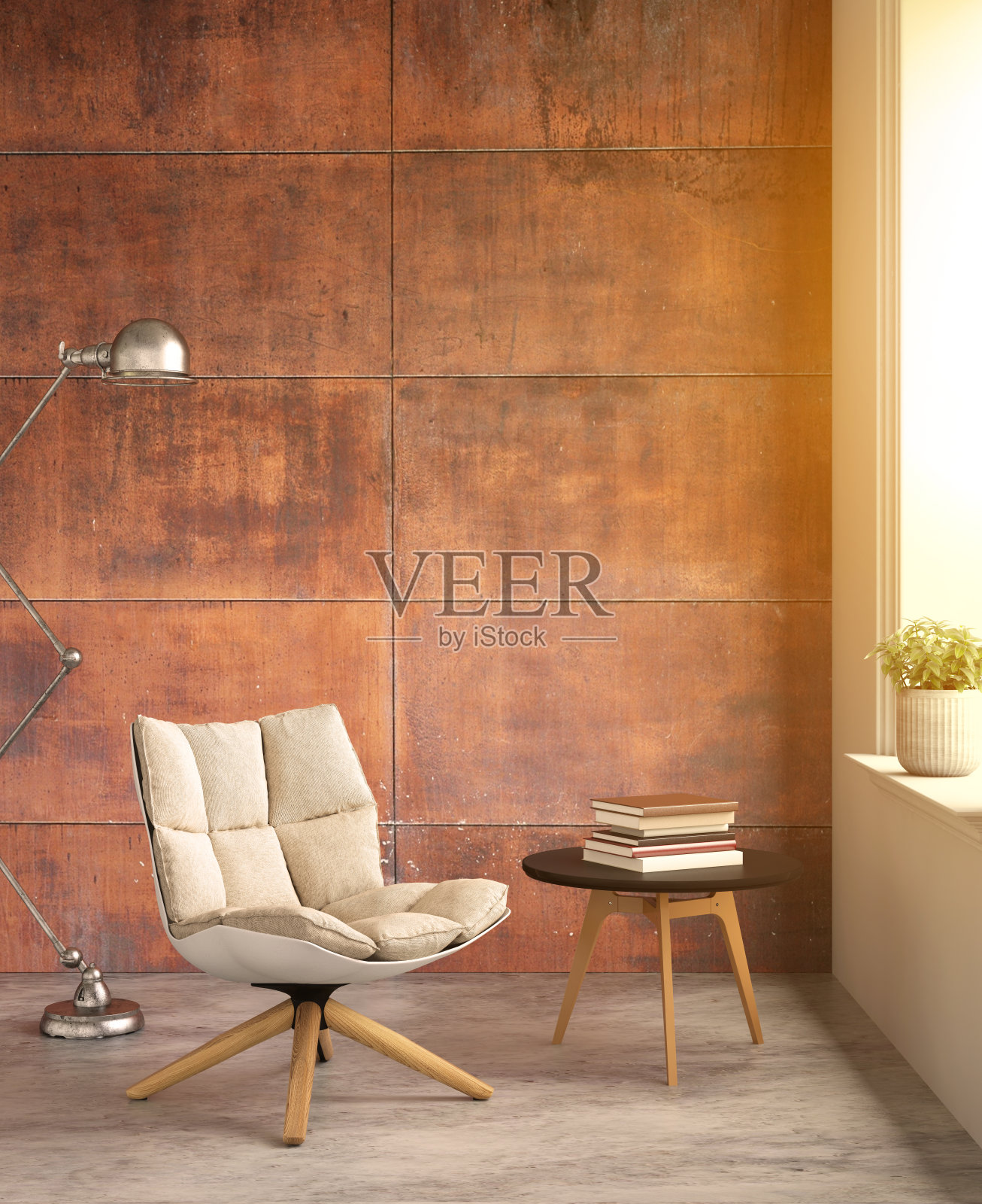 室内时髦的镶板，锈墙，椅子和桌子插画图片素材
