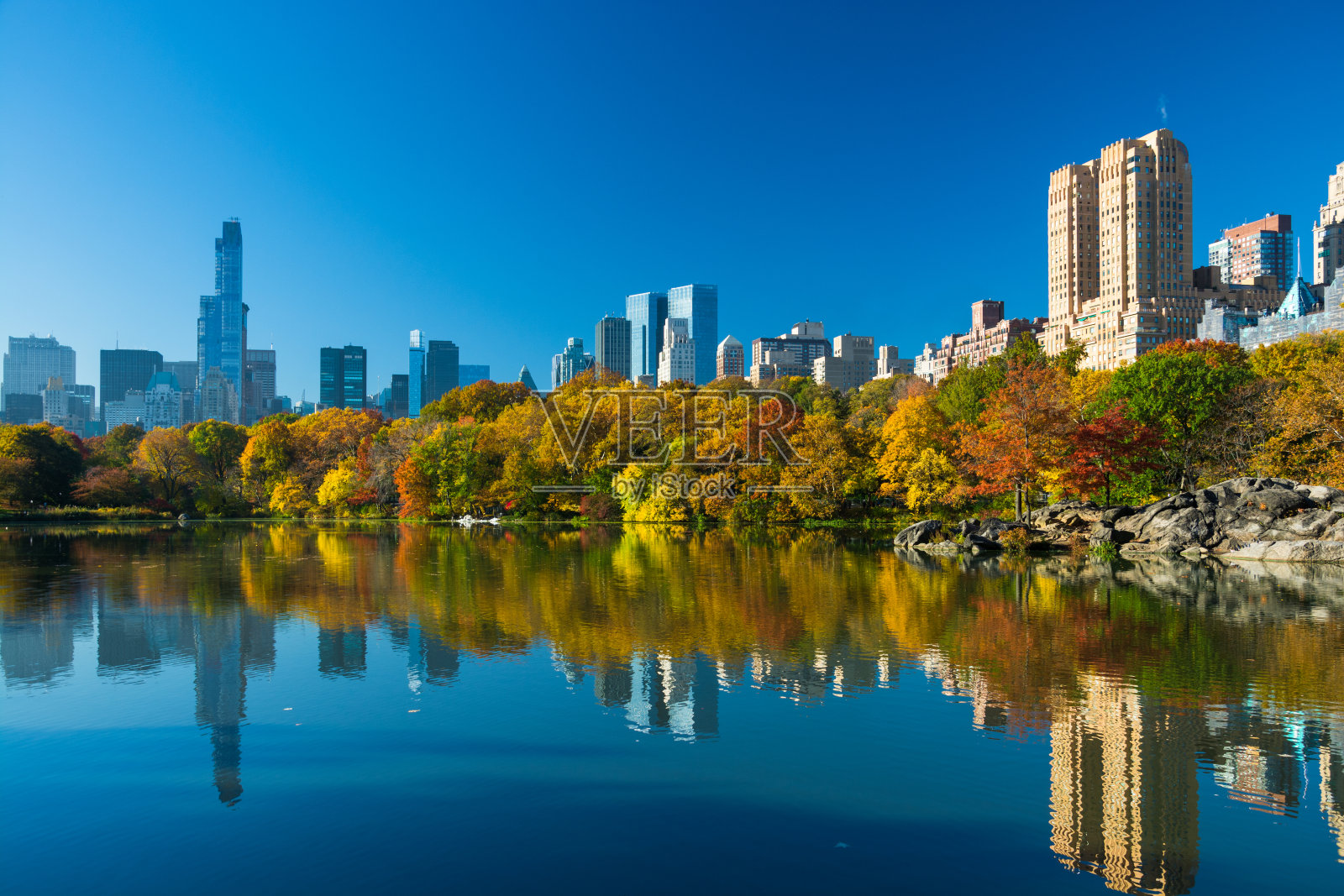 秋季的中央公园和市中心的摩天大楼照片摄影图片
