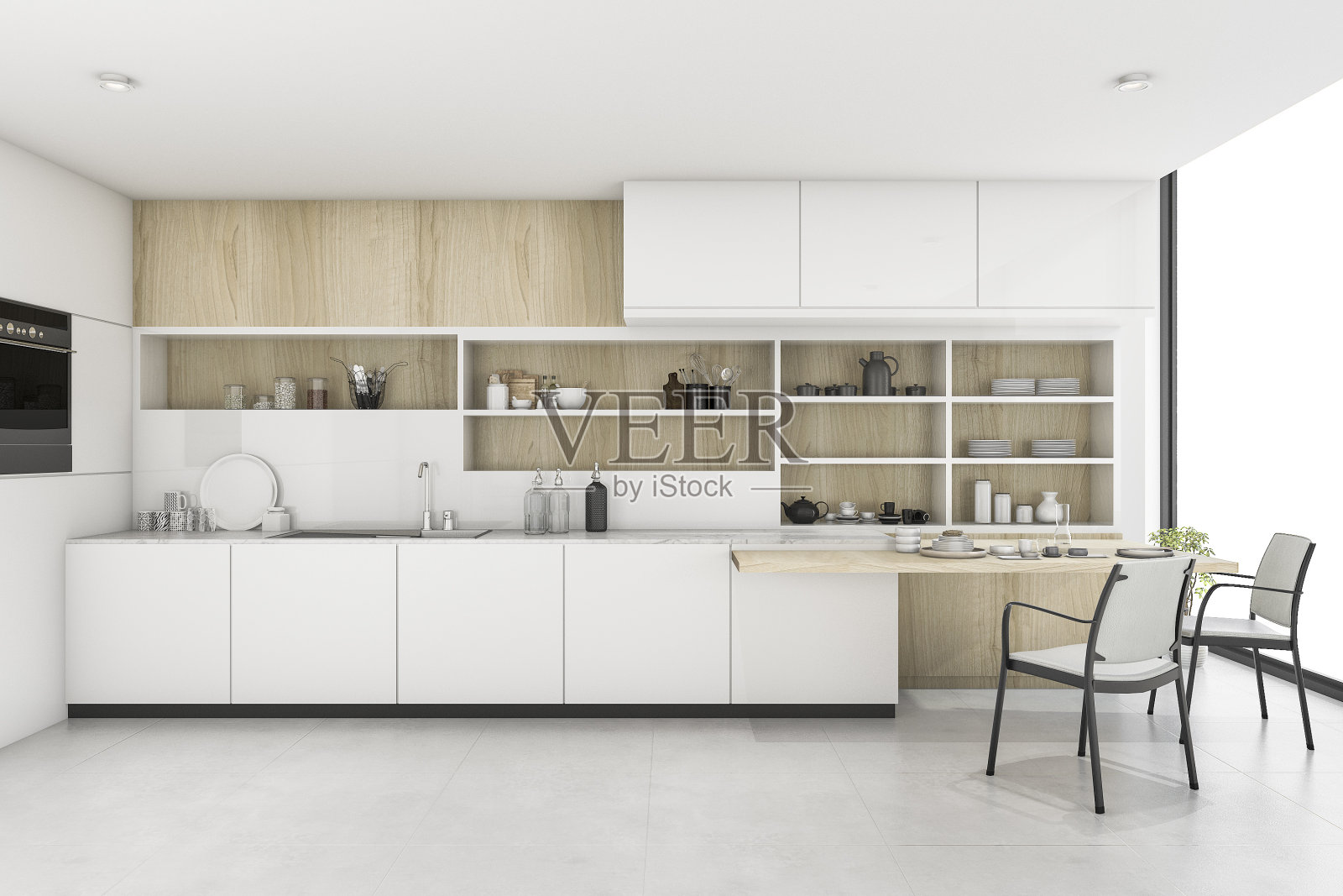 3d渲染白色厨房与最小风格的装饰照片摄影图片