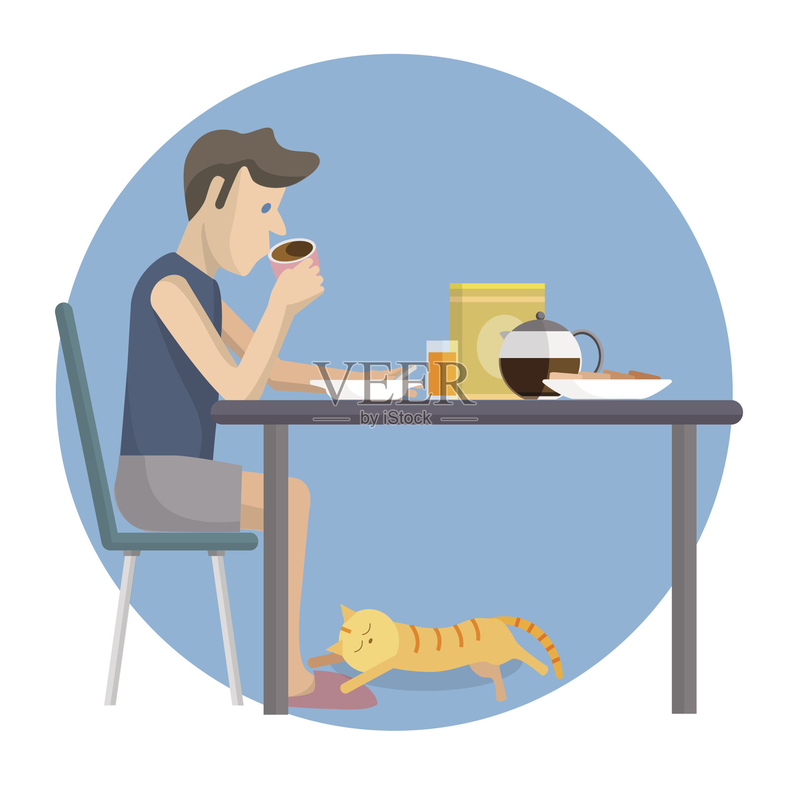矢量平面设计插图的男人在家吃早餐插画图片素材