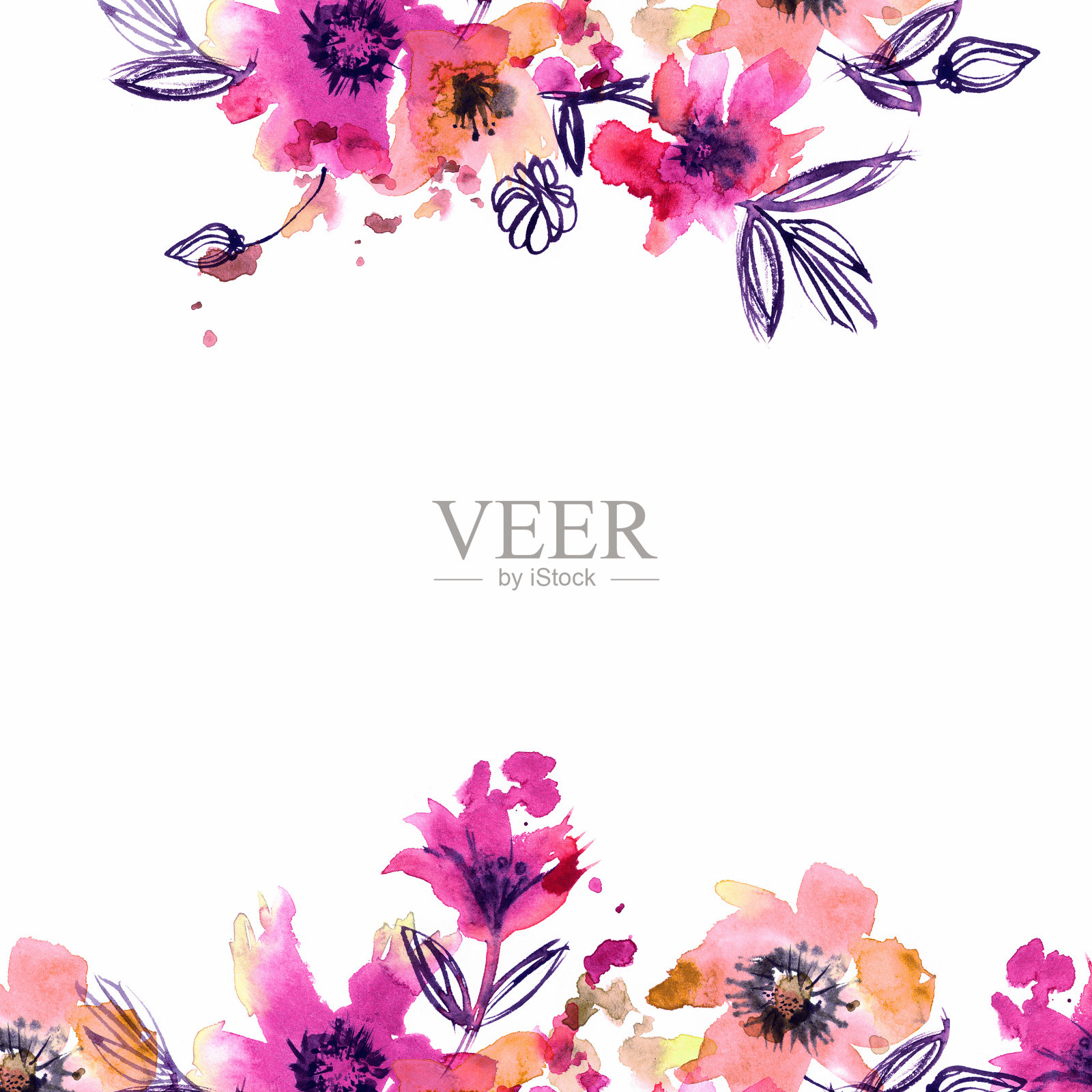 水彩手画抽象的春天花在一个白色的背景。可爱的水彩花框插画图片素材