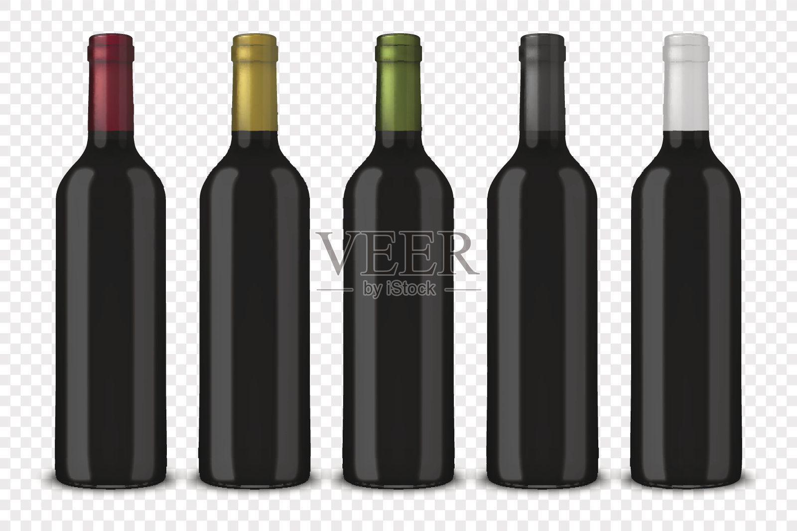 设置5个真实的向量黑色葡萄酒瓶没有标签孤立的透明背景。EPS10中的设计模板设计元素图片