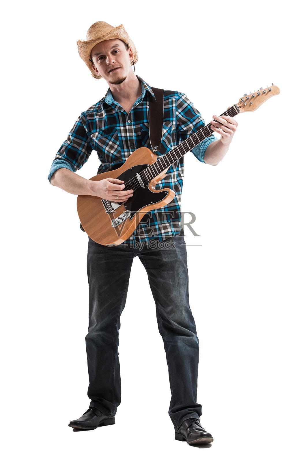 蓝调或乡村吉他手孤立的白人照片摄影图片