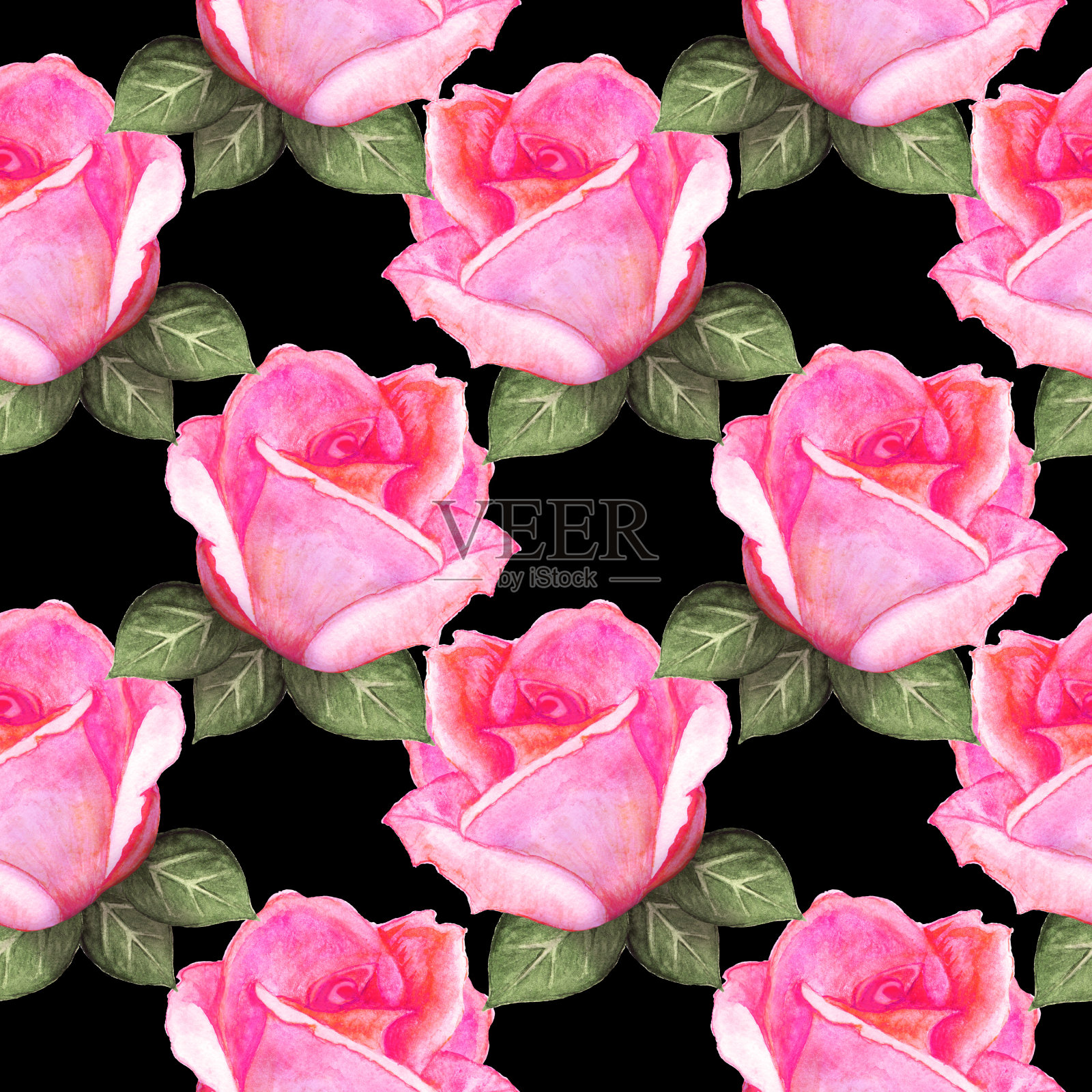 水彩无缝图案与粉红玫瑰花插画图片素材