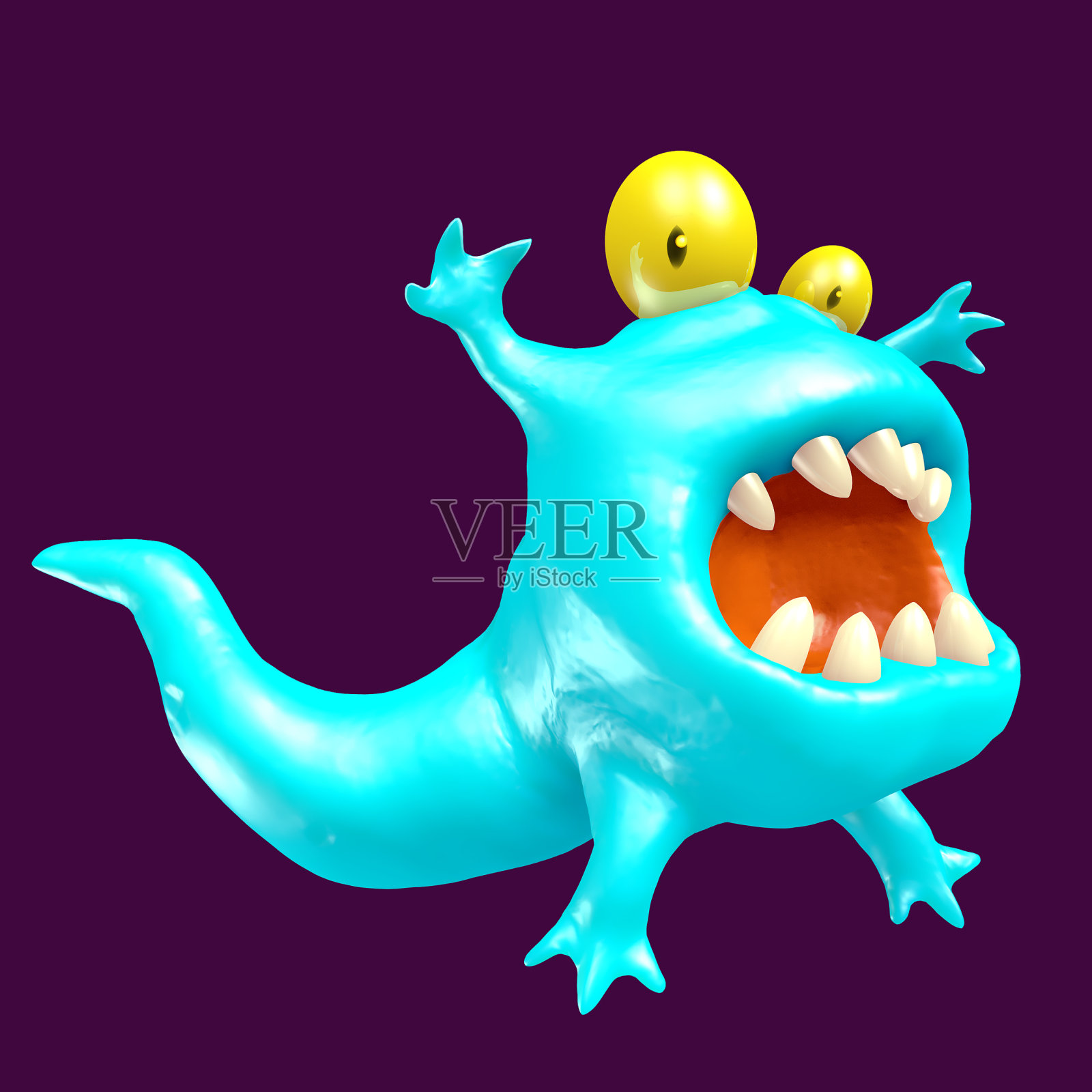 可爱的蓝色蝌蚪怪物。3 d演示。照片摄影图片