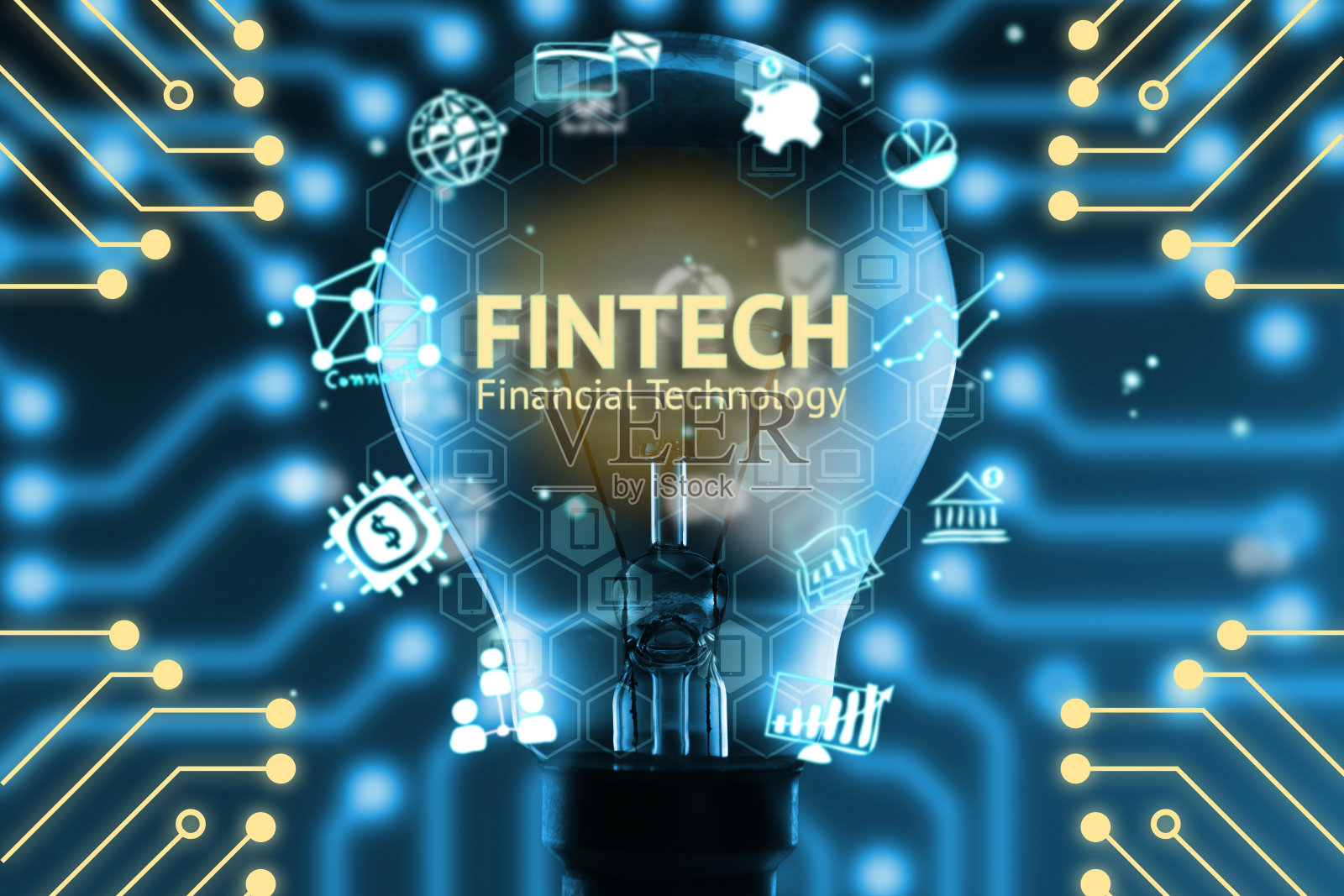 Fintech概念。金融科技和银行的标志。灯泡，信息图表，文本和图标。蓝色背景的电路图形照片摄影图片