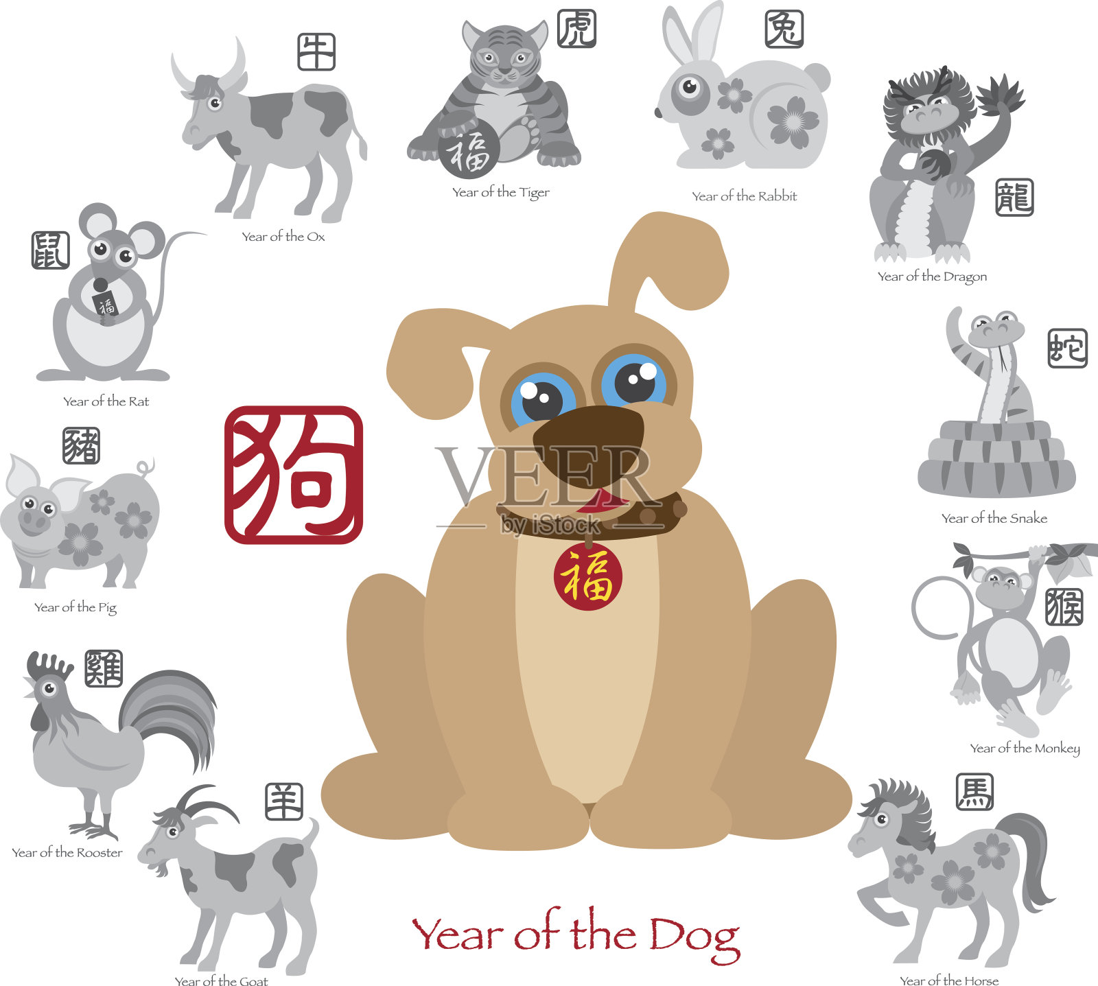 中国新年狗颜色十二生肖矢量插图插画图片素材