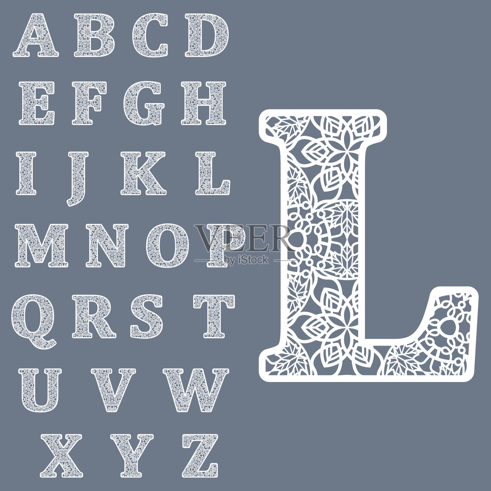 模板裁剪字母。完整的英文字母。可用于激光切割。华丽的蕾丝信件。插画图片素材