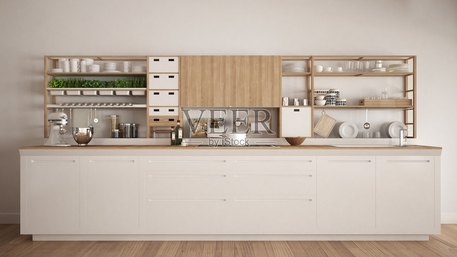 极简主义白色木制厨房与家电近景，斯堪的纳维亚经典的室内设计照片摄影图片