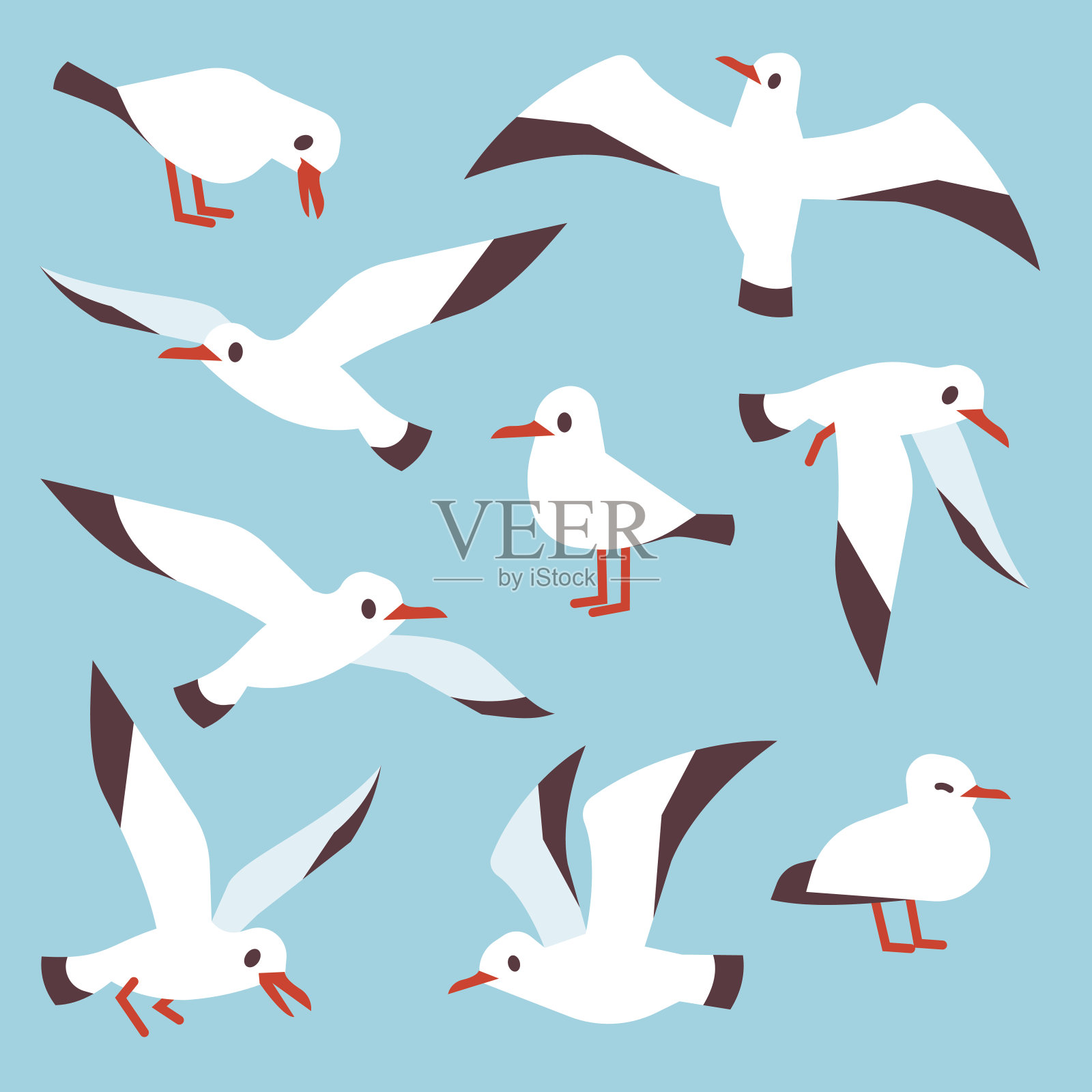 卡通大西洋海鸟、海鸥在蓝天向量中飞翔设计元素图片