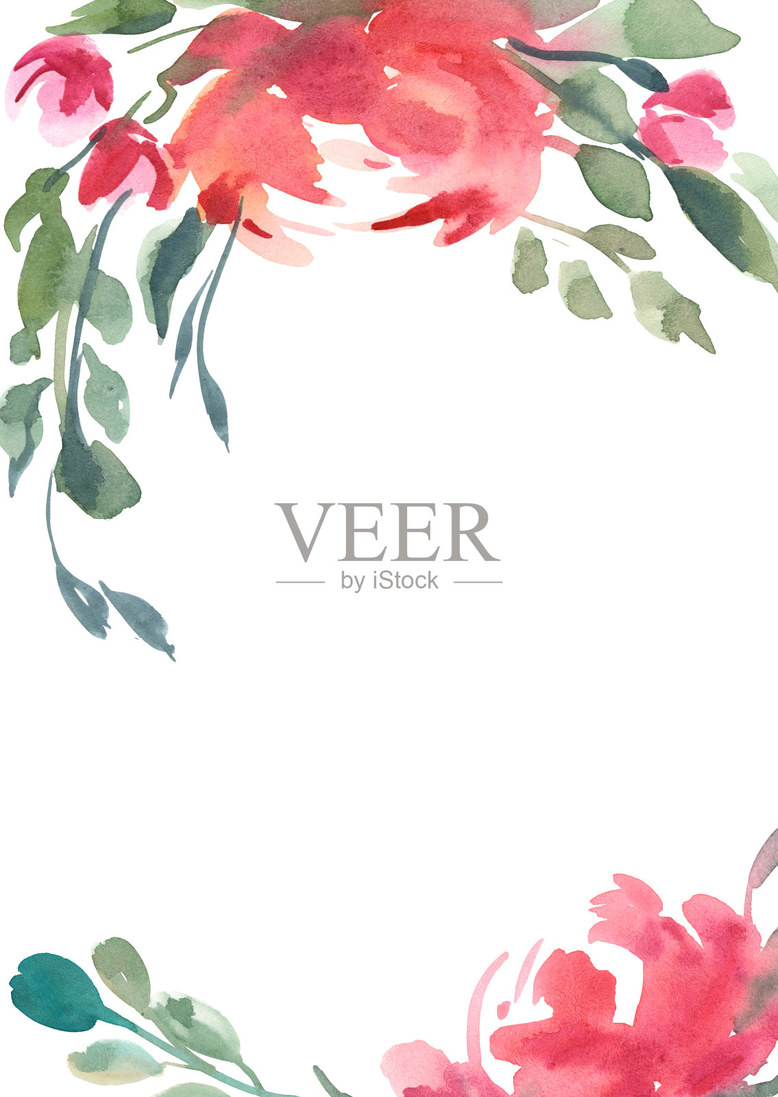 水彩淡粉色，玫瑰牡丹与灰色的草在白色背景的问候卡插画图片素材