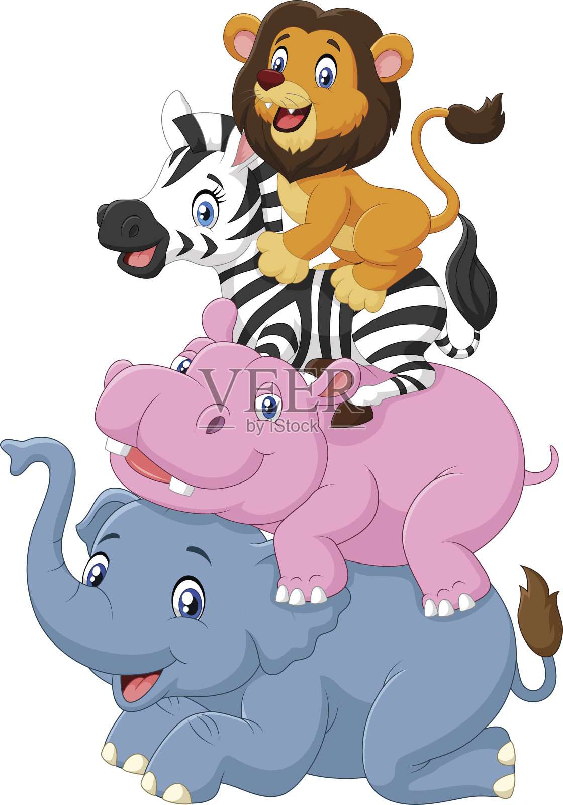 卡通滑稽的动物站在对方的上面插画图片素材