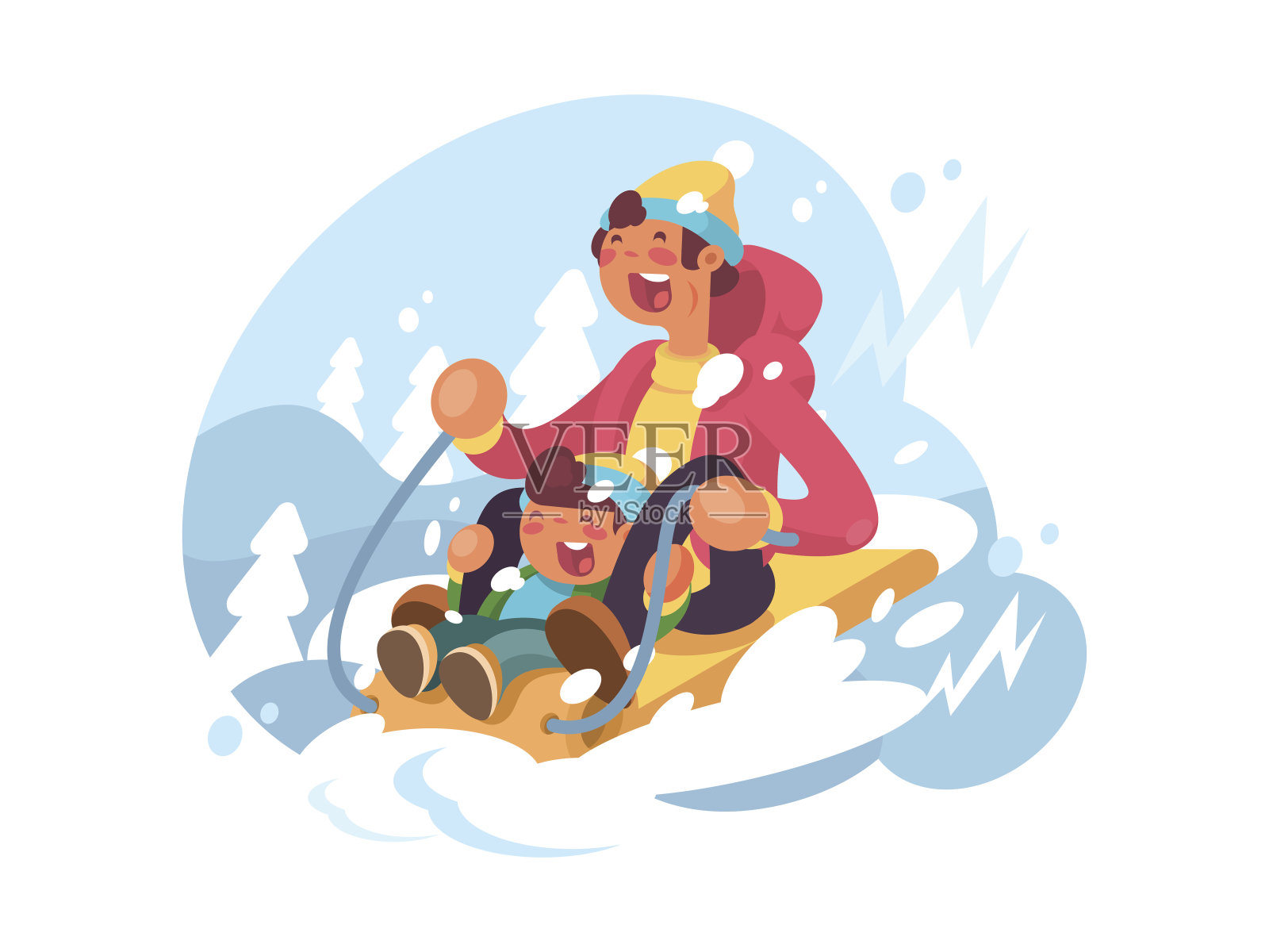 爸爸和儿子在玩雪橇插画图片素材