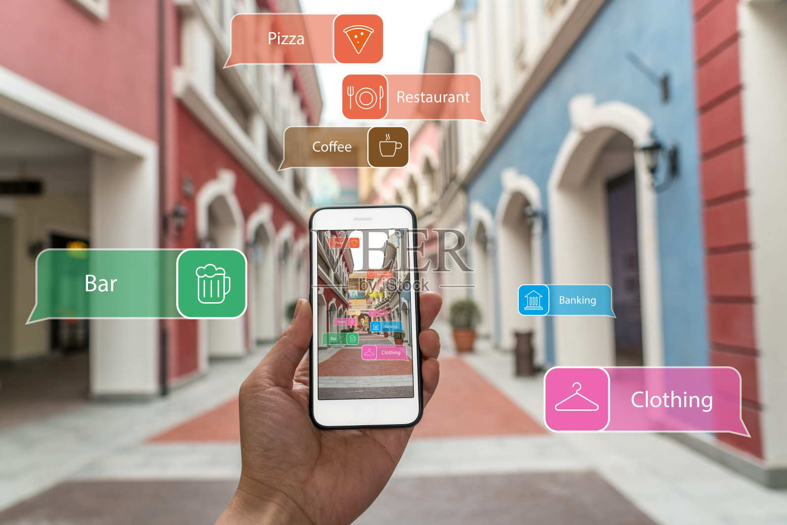 增强现实营销街。手持智能手机使用AR应用检查信息插画图片素材
