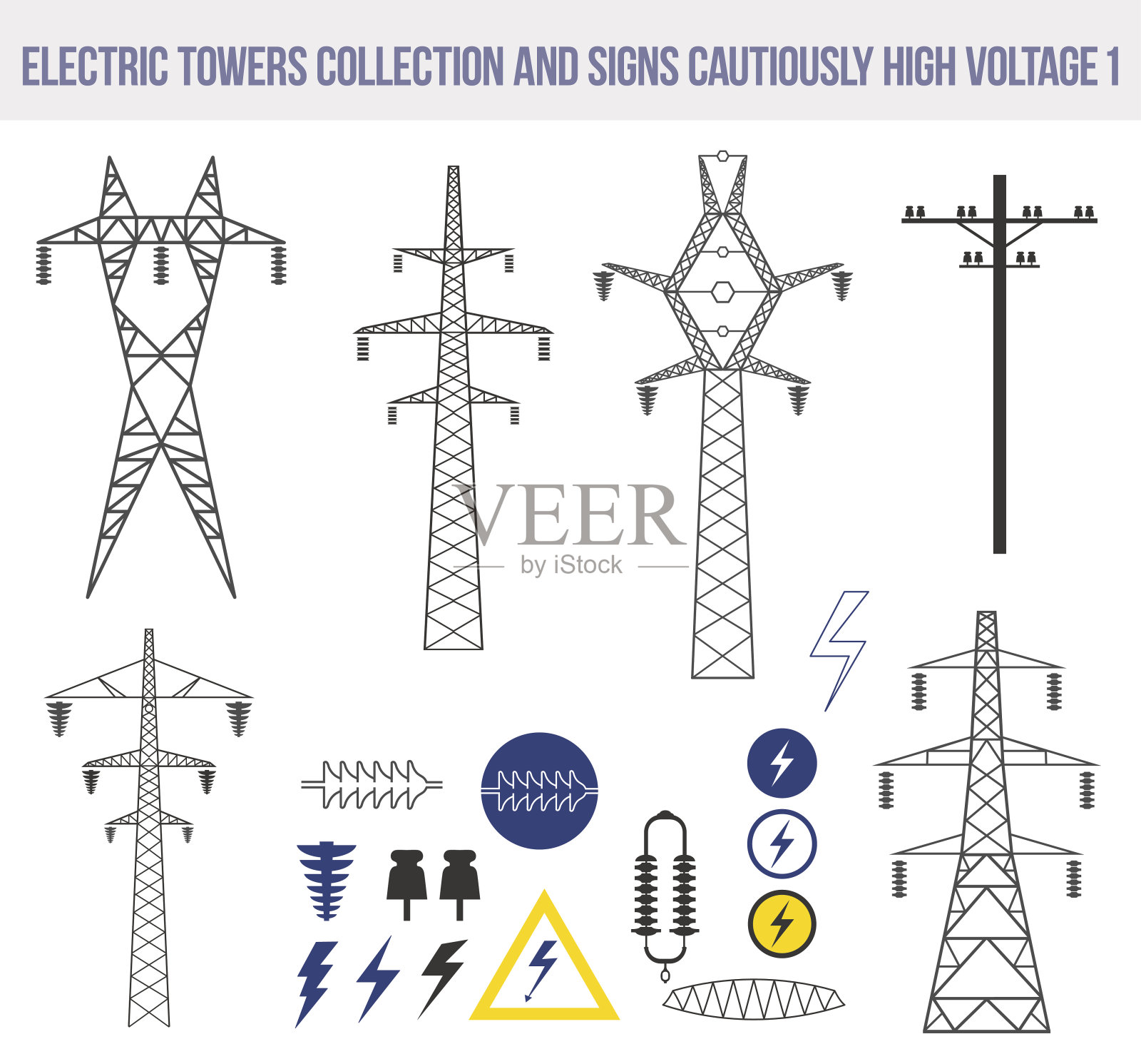 图标设置与电力塔孤立在白色背景。插画图片素材