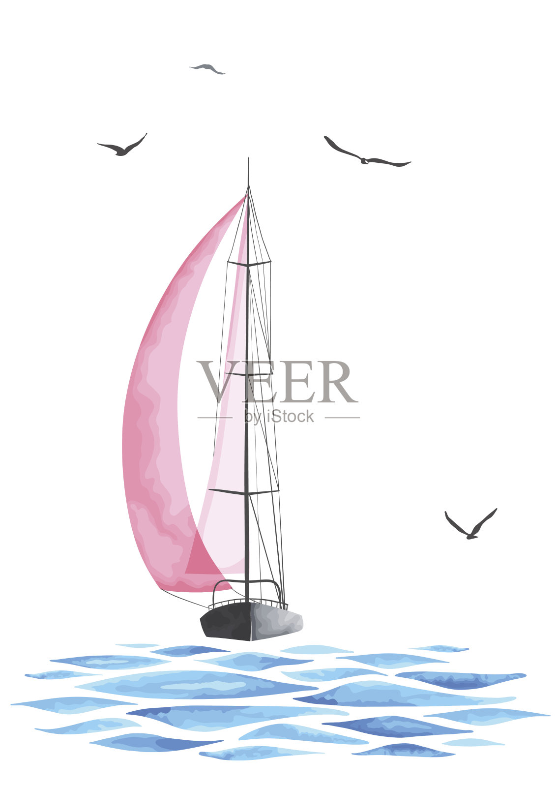 带帆的船和海鸥在矢量中制造插画图片素材