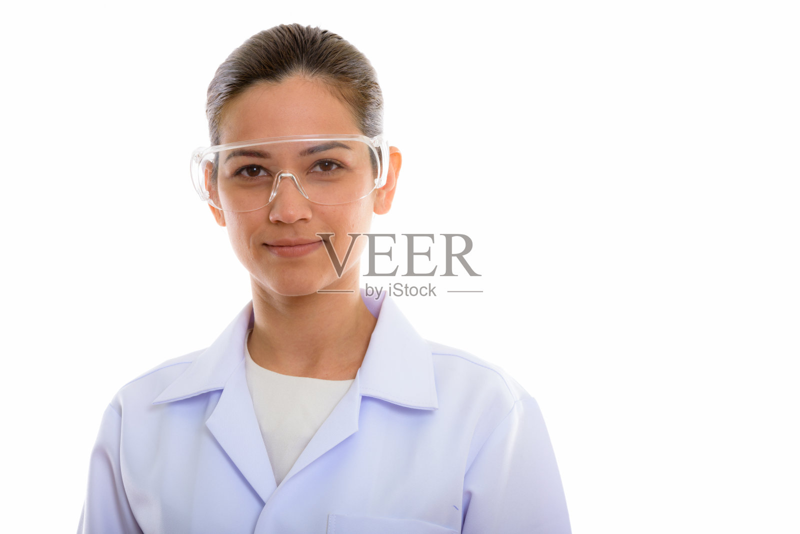 工作室拍摄的年轻美丽的女医生戴着防护眼镜照片摄影图片