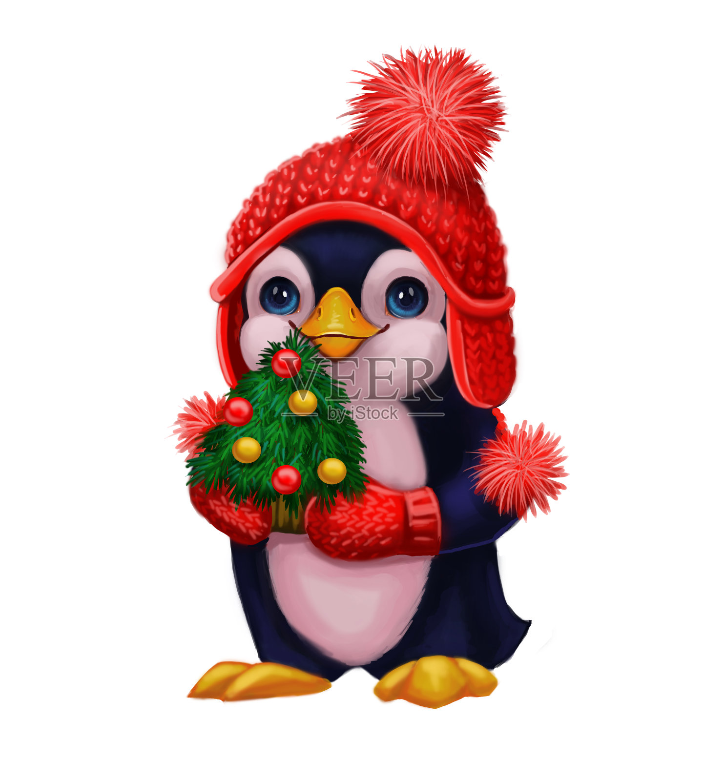 节日的问候与小企鹅在滑稽的帽子拿着圣诞树-快乐的节日和新年与手绘人物插画图片素材