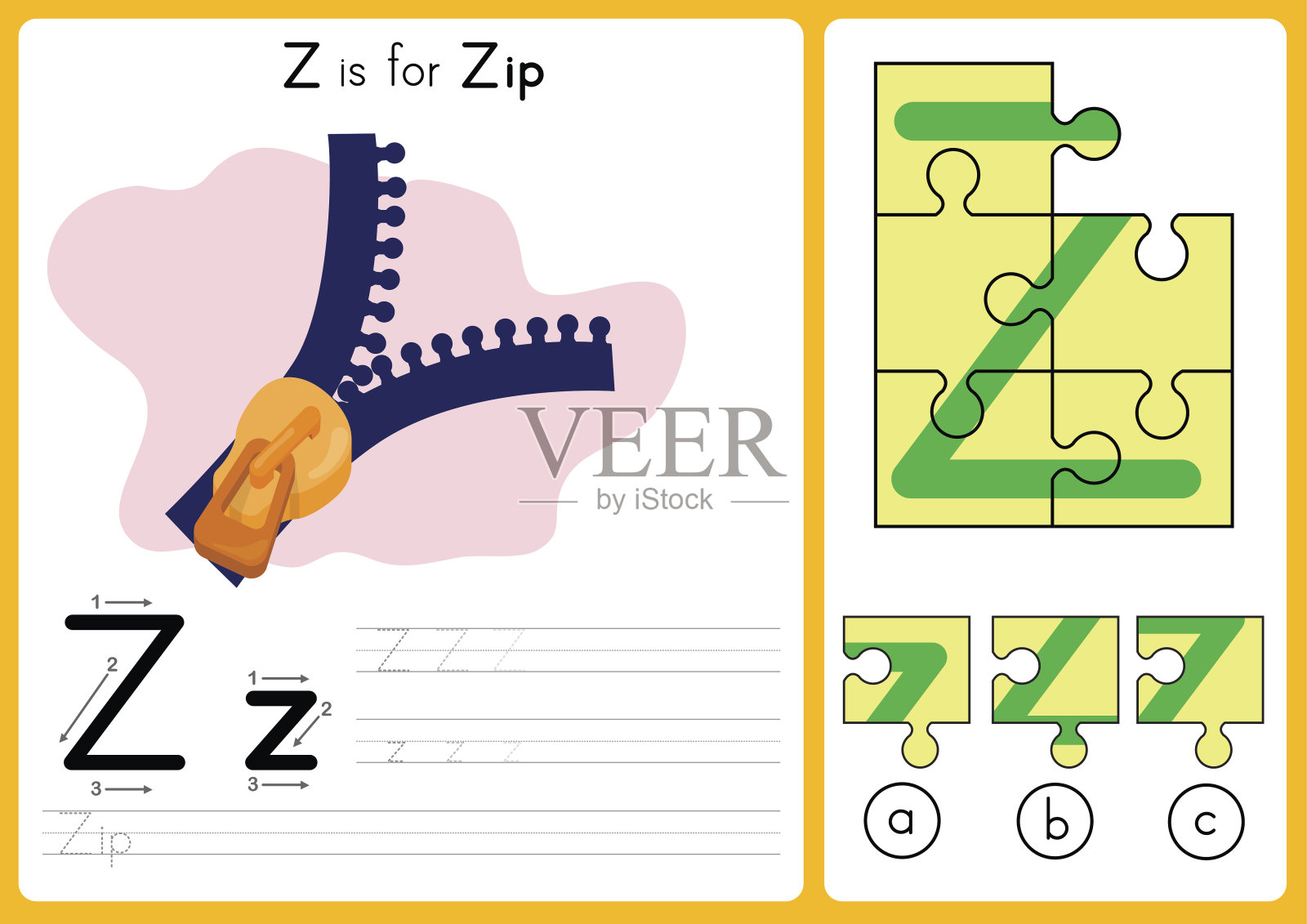 字母表A-Z跟踪和拼图工作表，儿童练习插画图片素材
