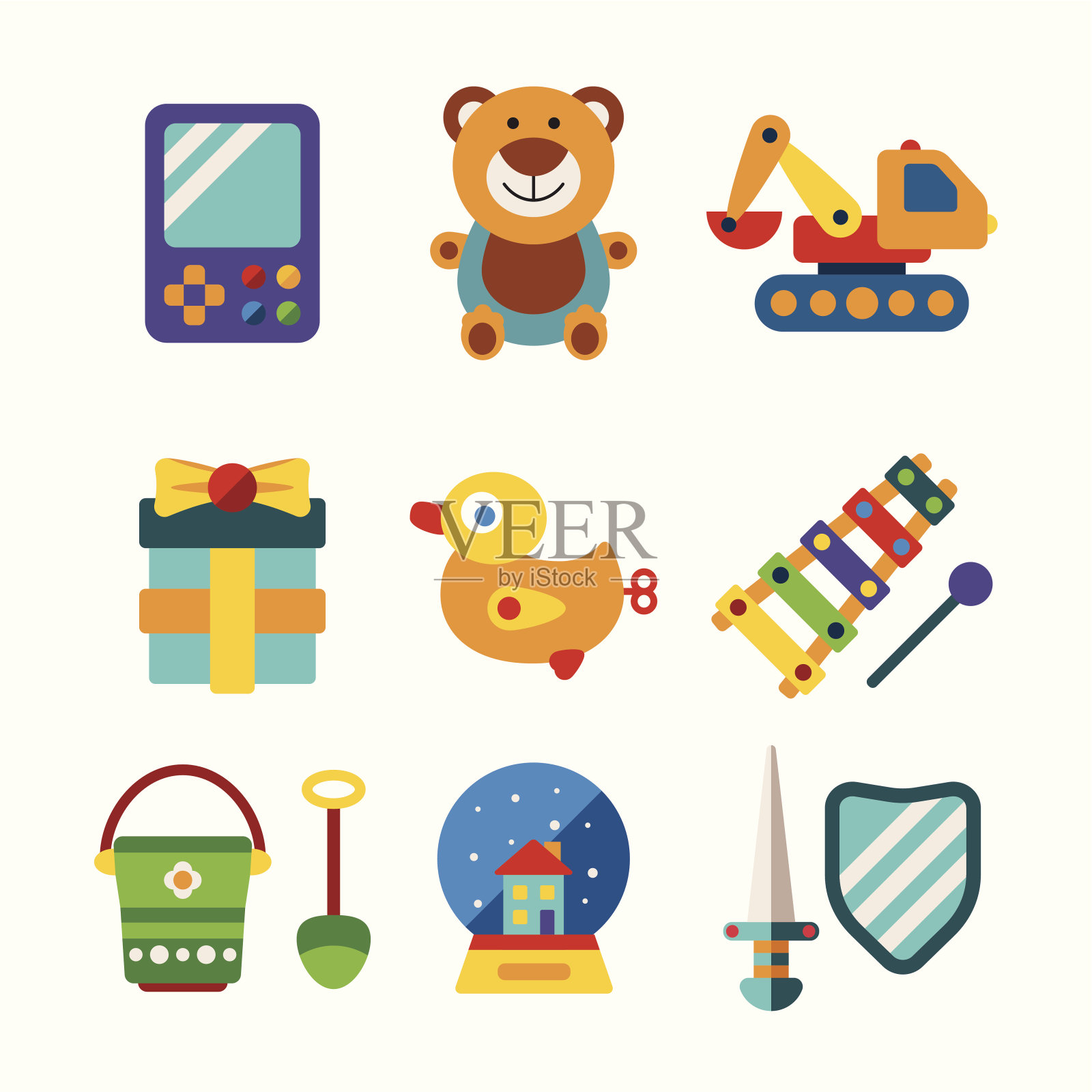 一套矢量彩色儿童玩具在平面风格插画图片素材