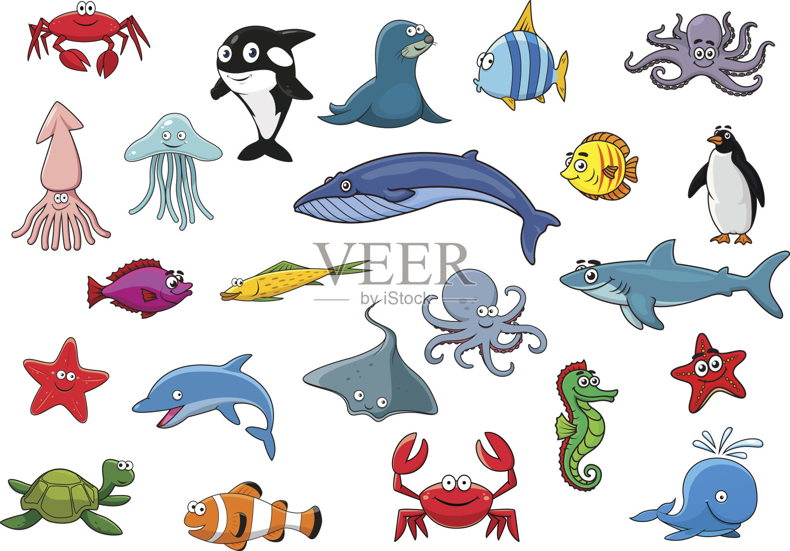 卡通海鱼和海洋动物矢量图标插画图片素材