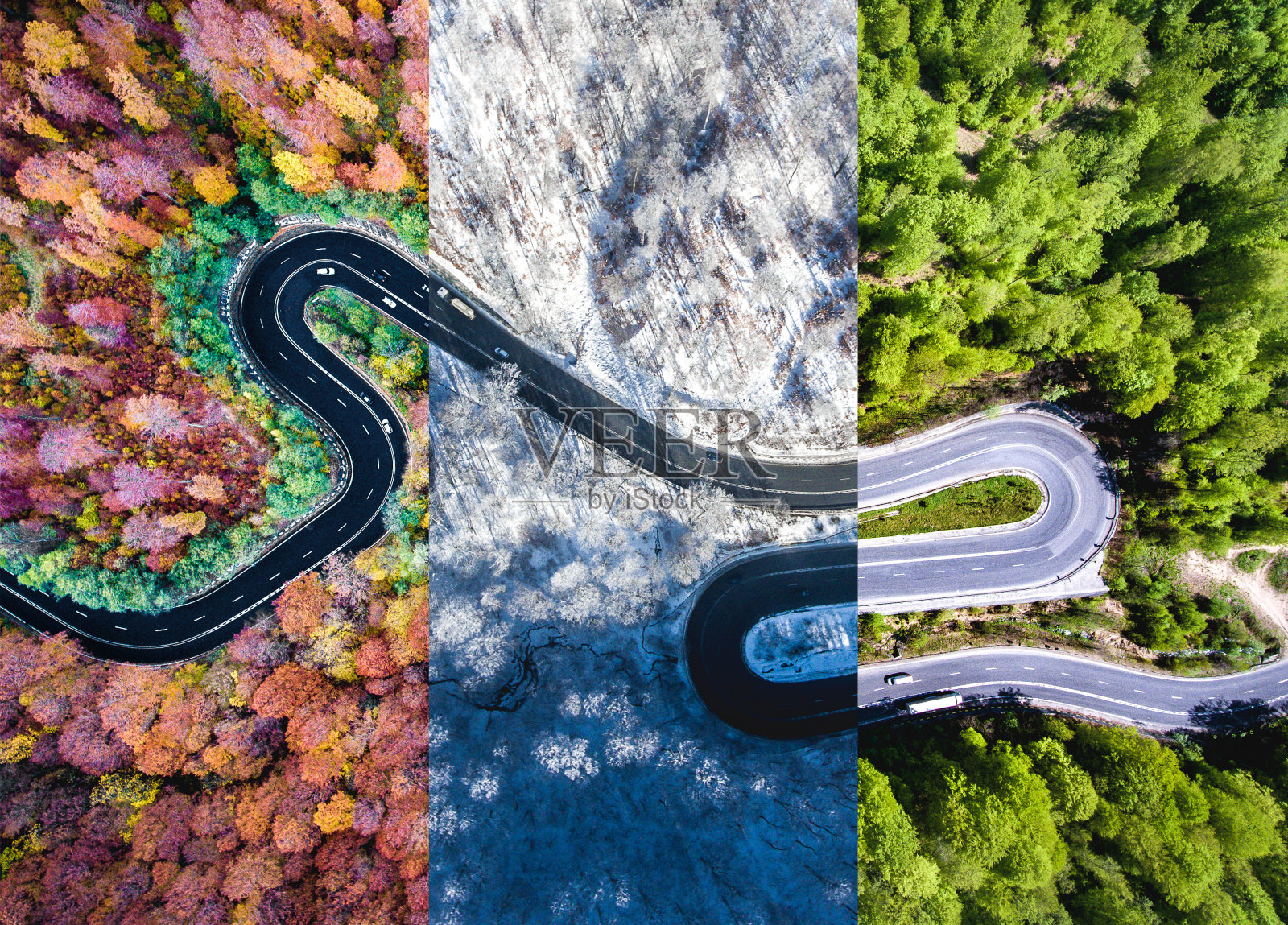 森林里蜿蜒的道路。秋、夏、冬时光拼贴。从无人机上俯瞰。照片摄影图片